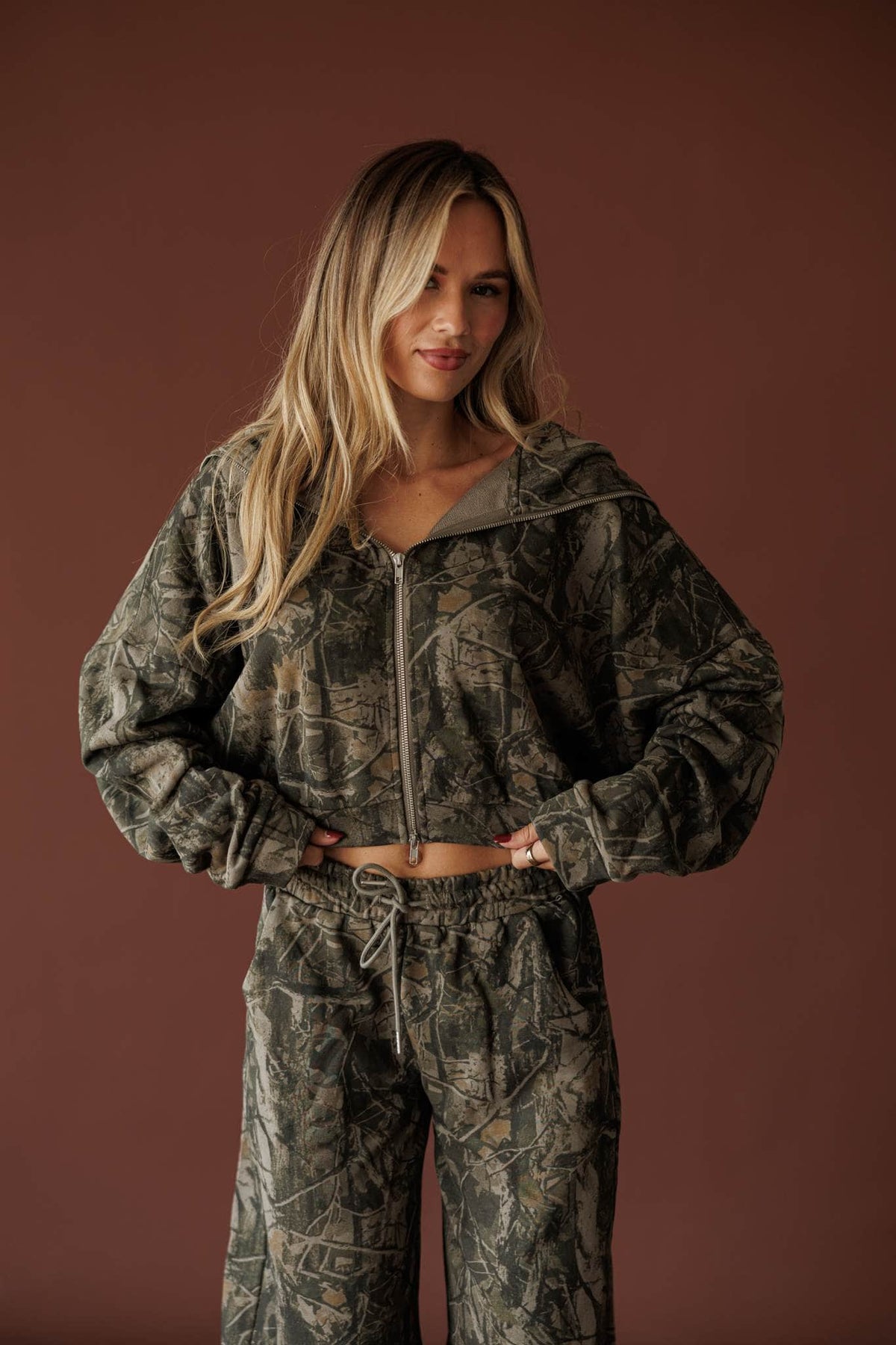Olive camo cropped zip up jacket
