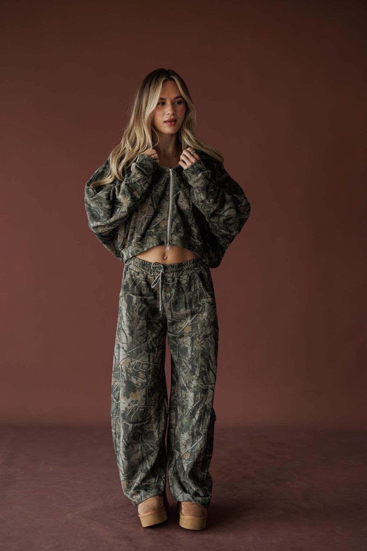 Olive camo low rise barrel jogger pants