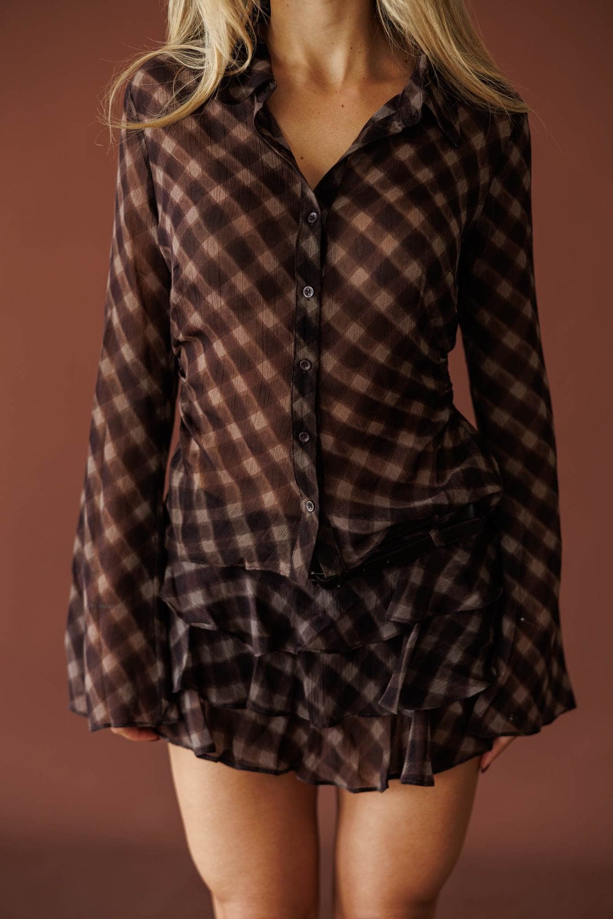 Deep plum sheer check button down shirt