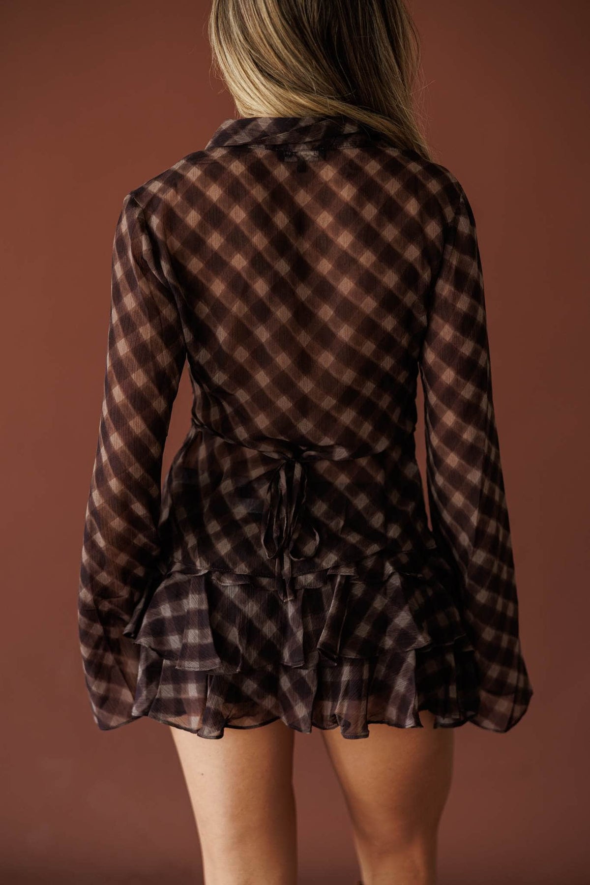 Deep plum sheer check button down shirt