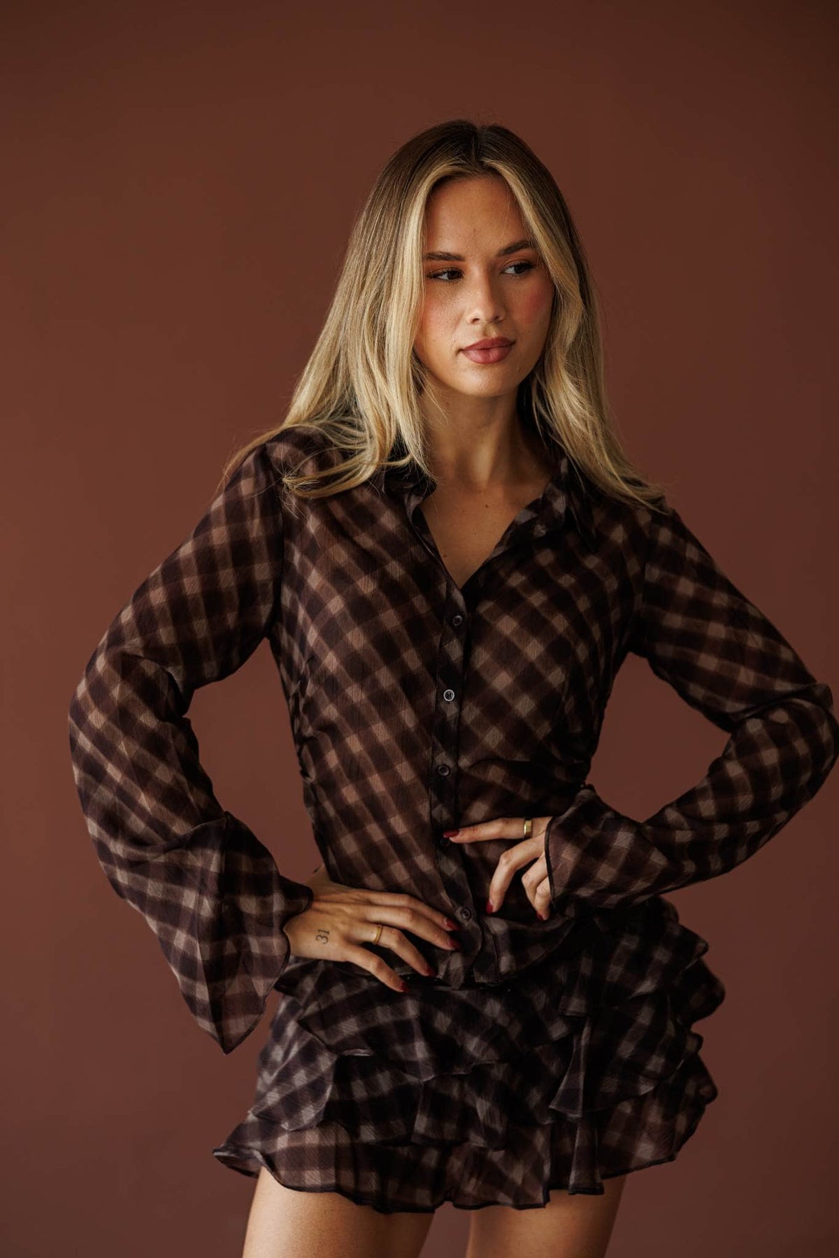 Deep plum sheer check button down shirt, front view