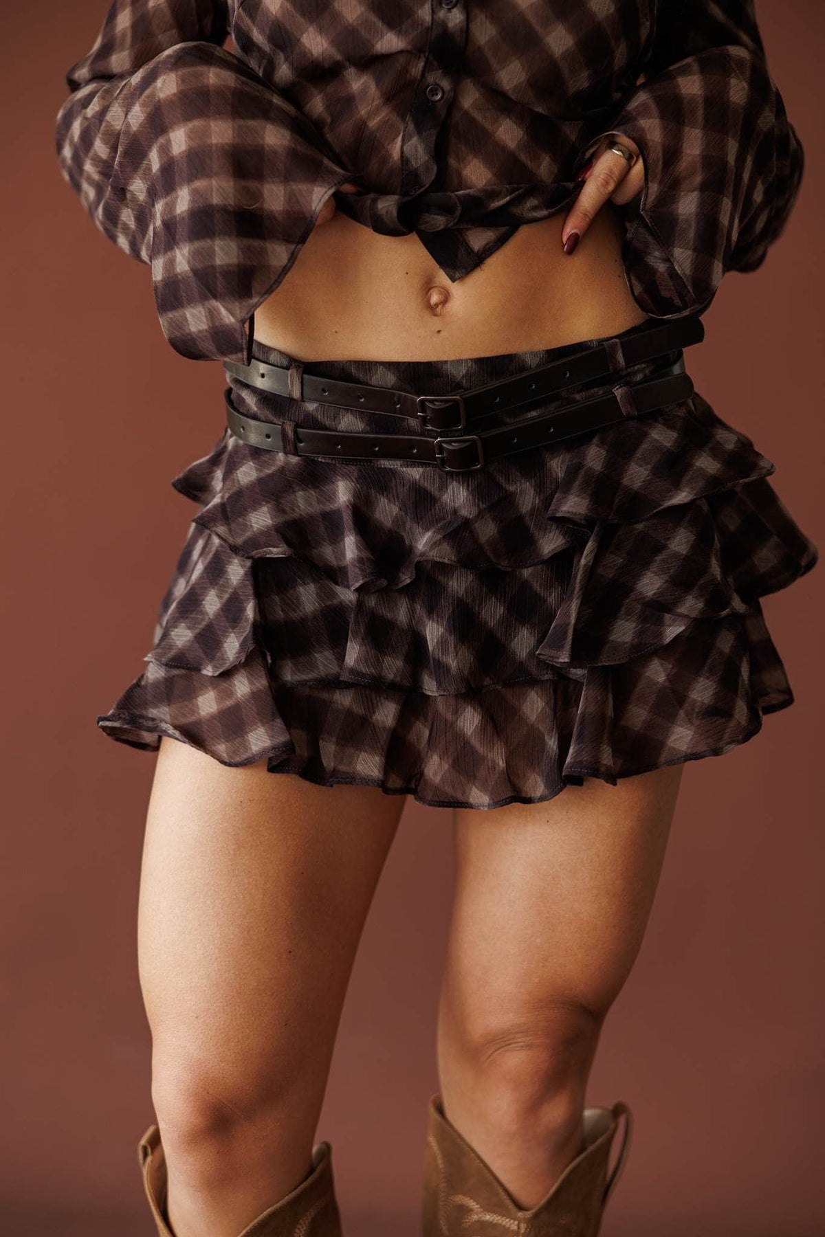 Deep plum check ruffle mini skirt, front view
