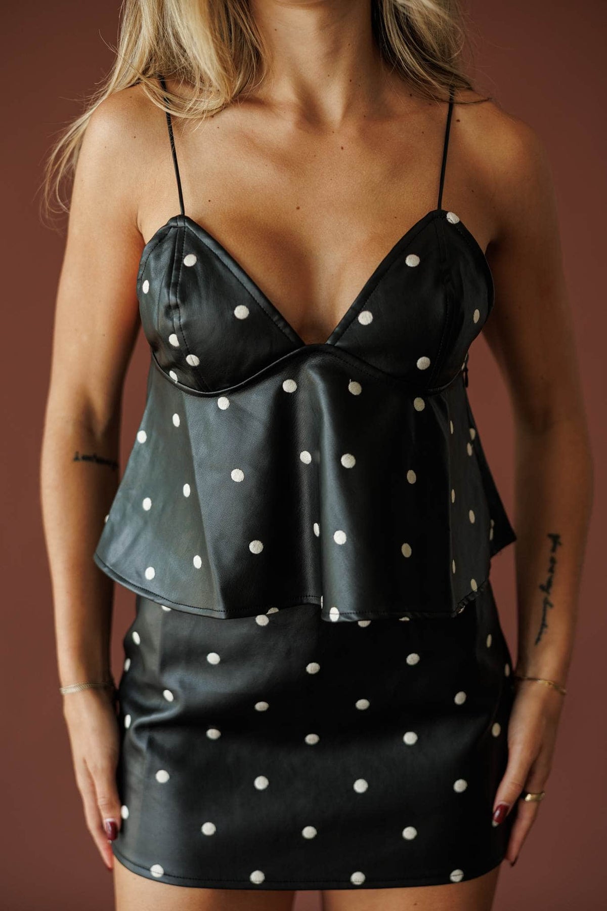 Black faux leather cami with pearl studs