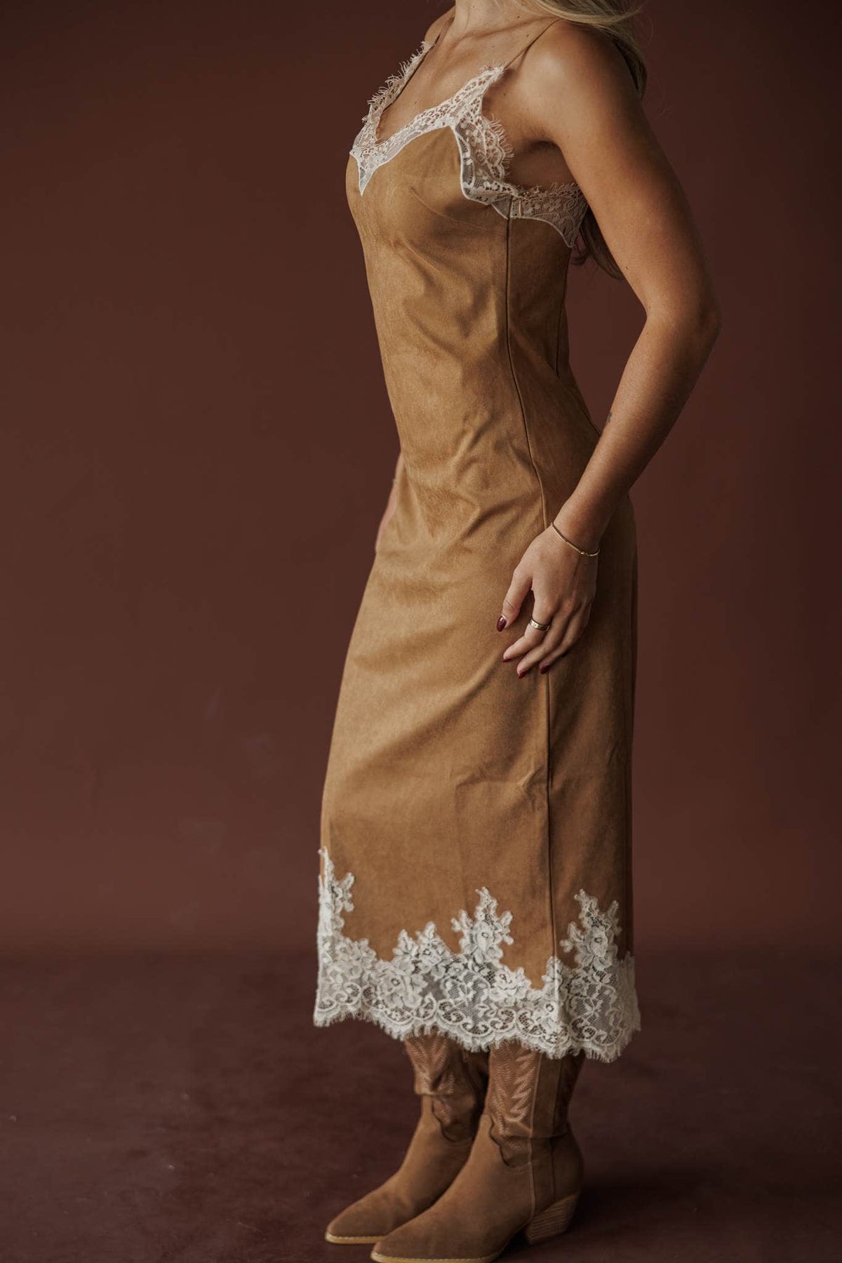 Camel suede midi dress with ivory lace trim