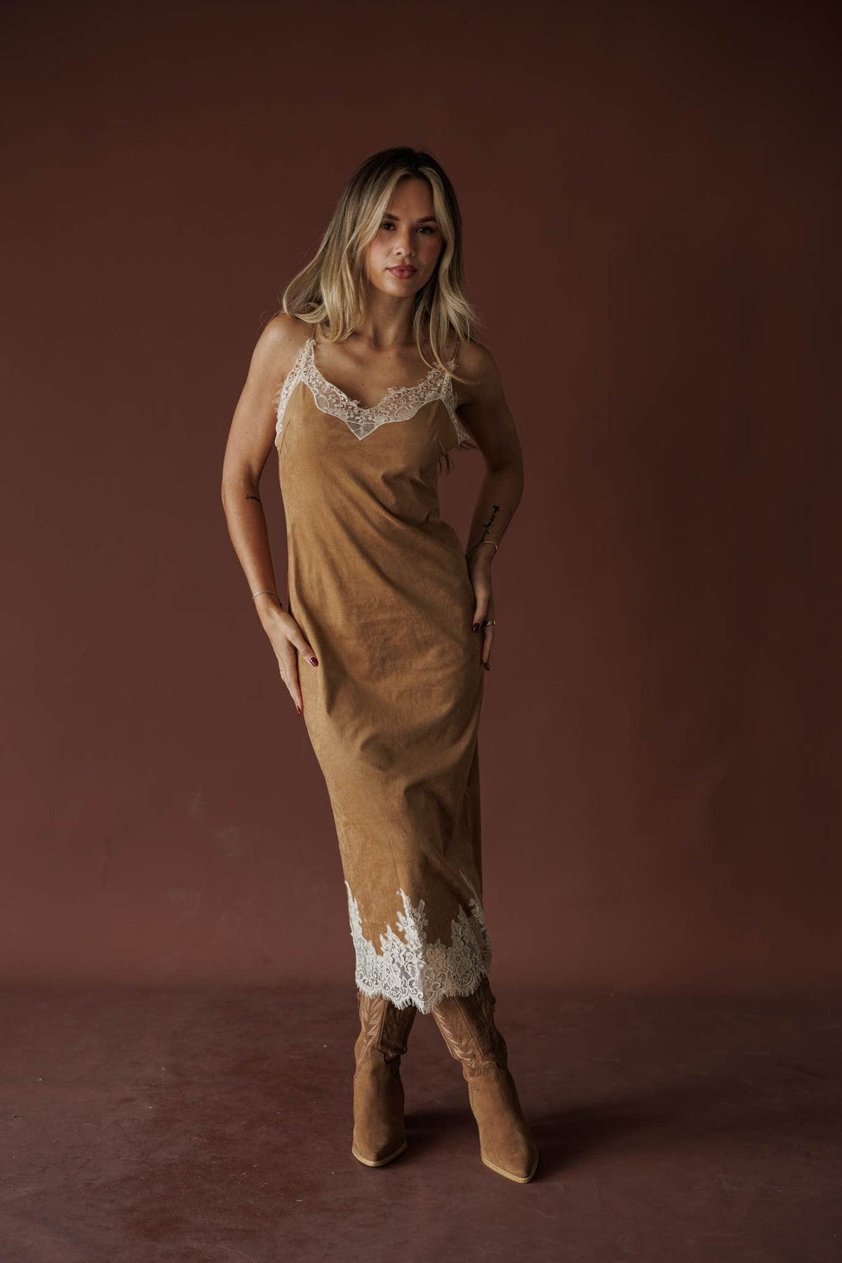 Camel suede midi dress with ivory lace trim