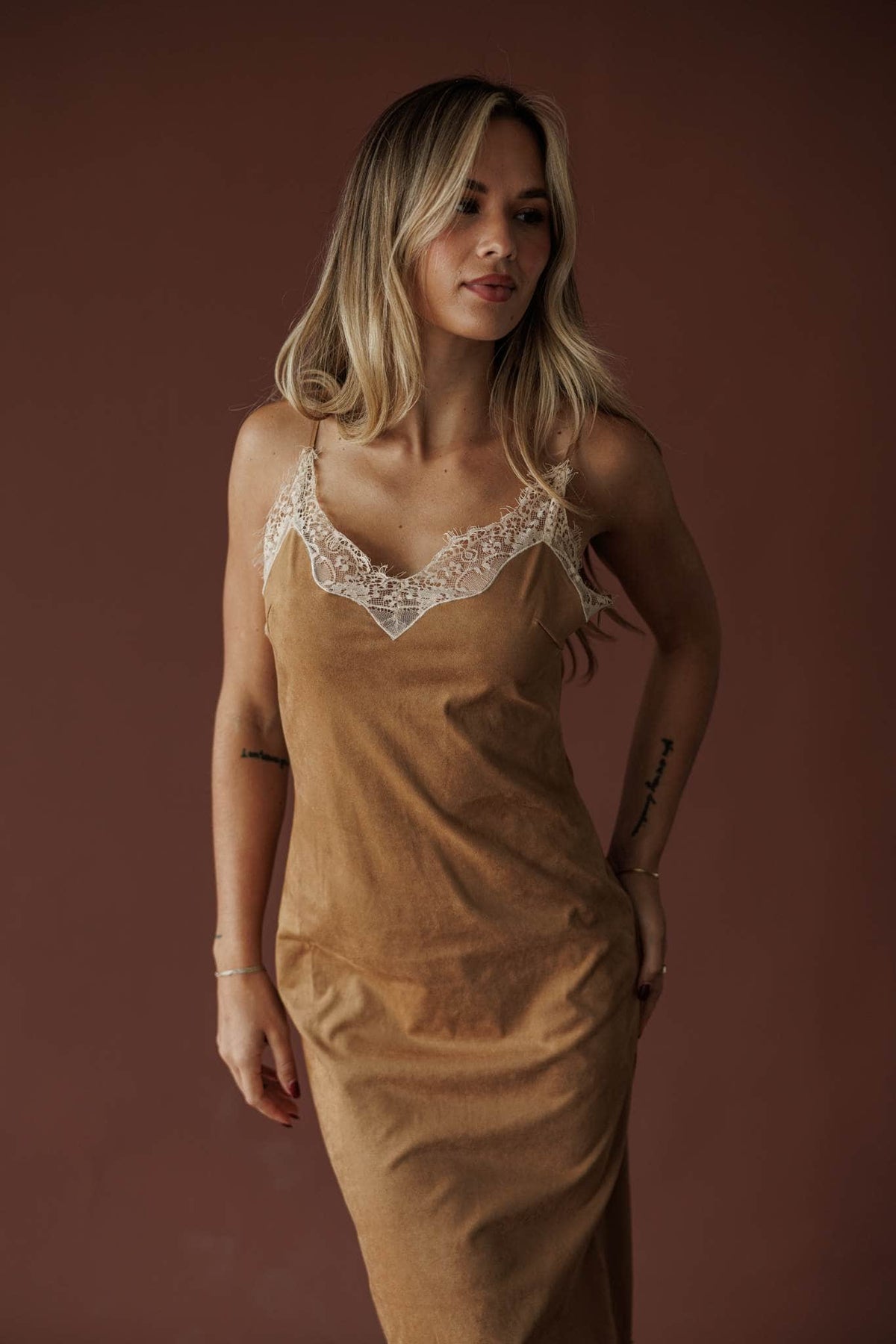 Camel suede midi dress with ivory lace trim