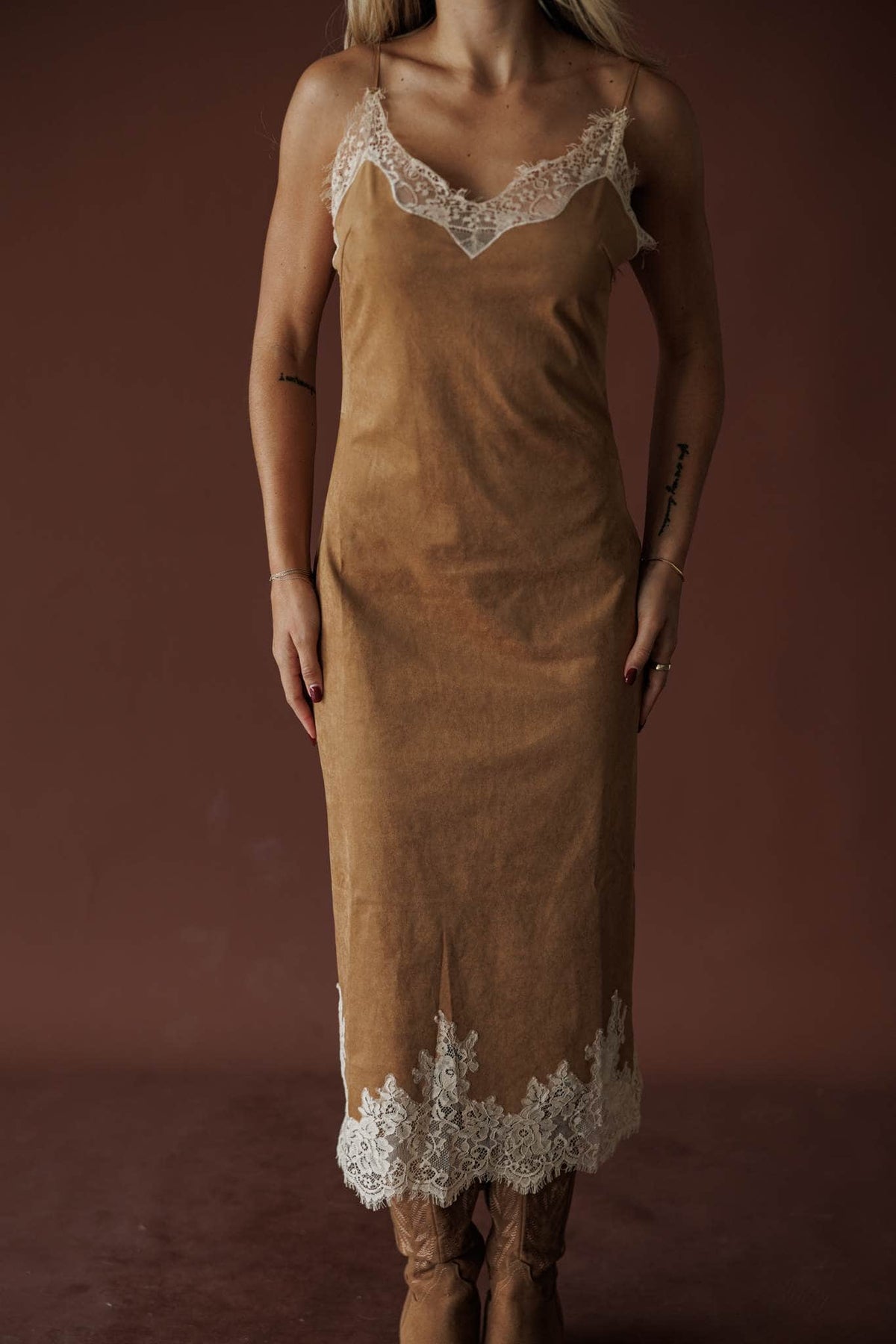 Camel suede midi dress with ivory lace trim