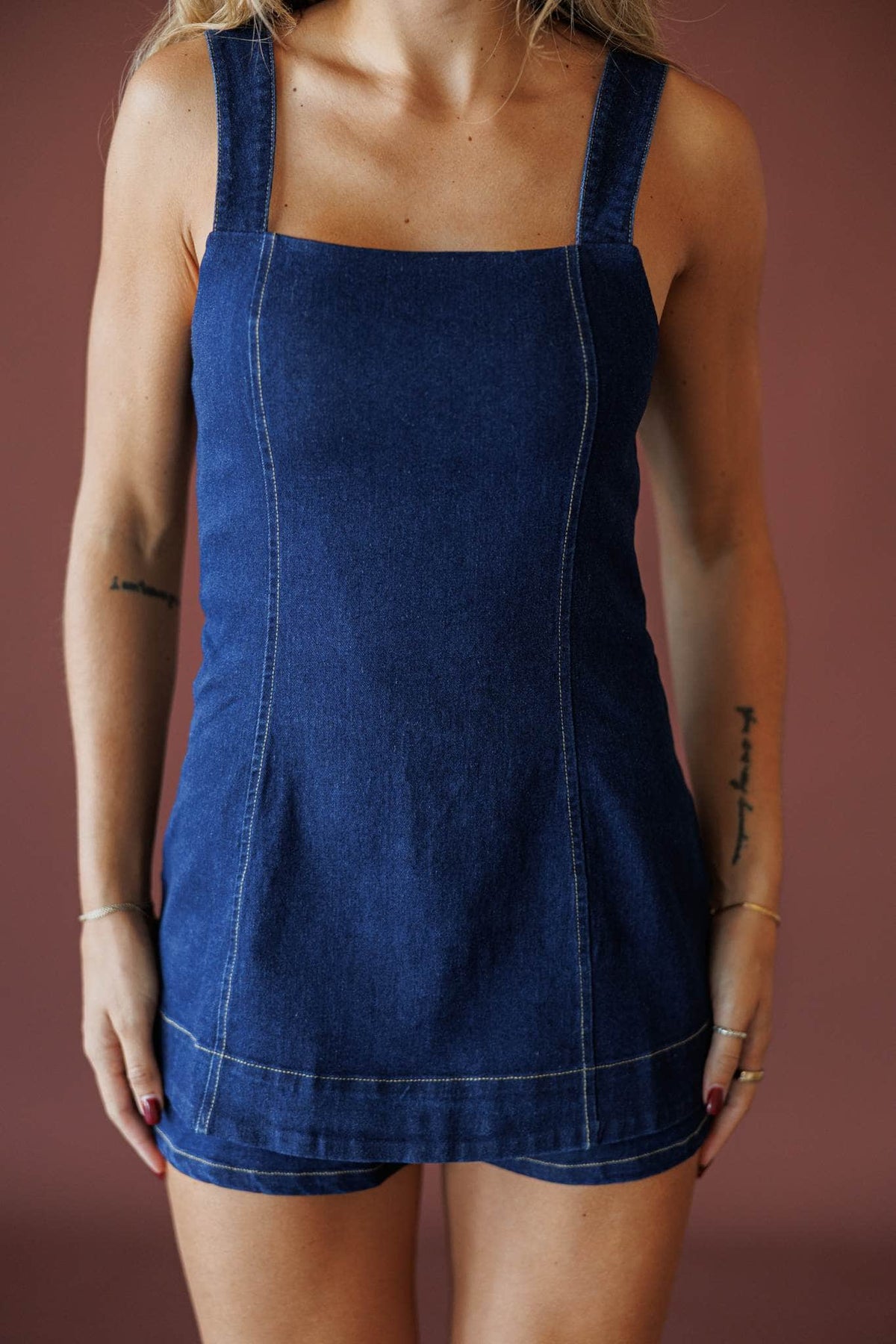 Denim Darling Square Neck Romper, in denim, close front view of the square neckline