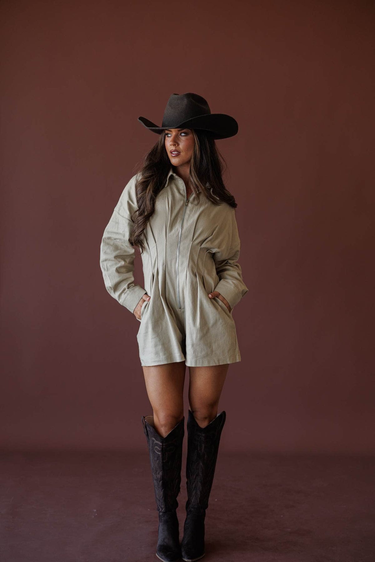Cream corduroy shirt romper, front view