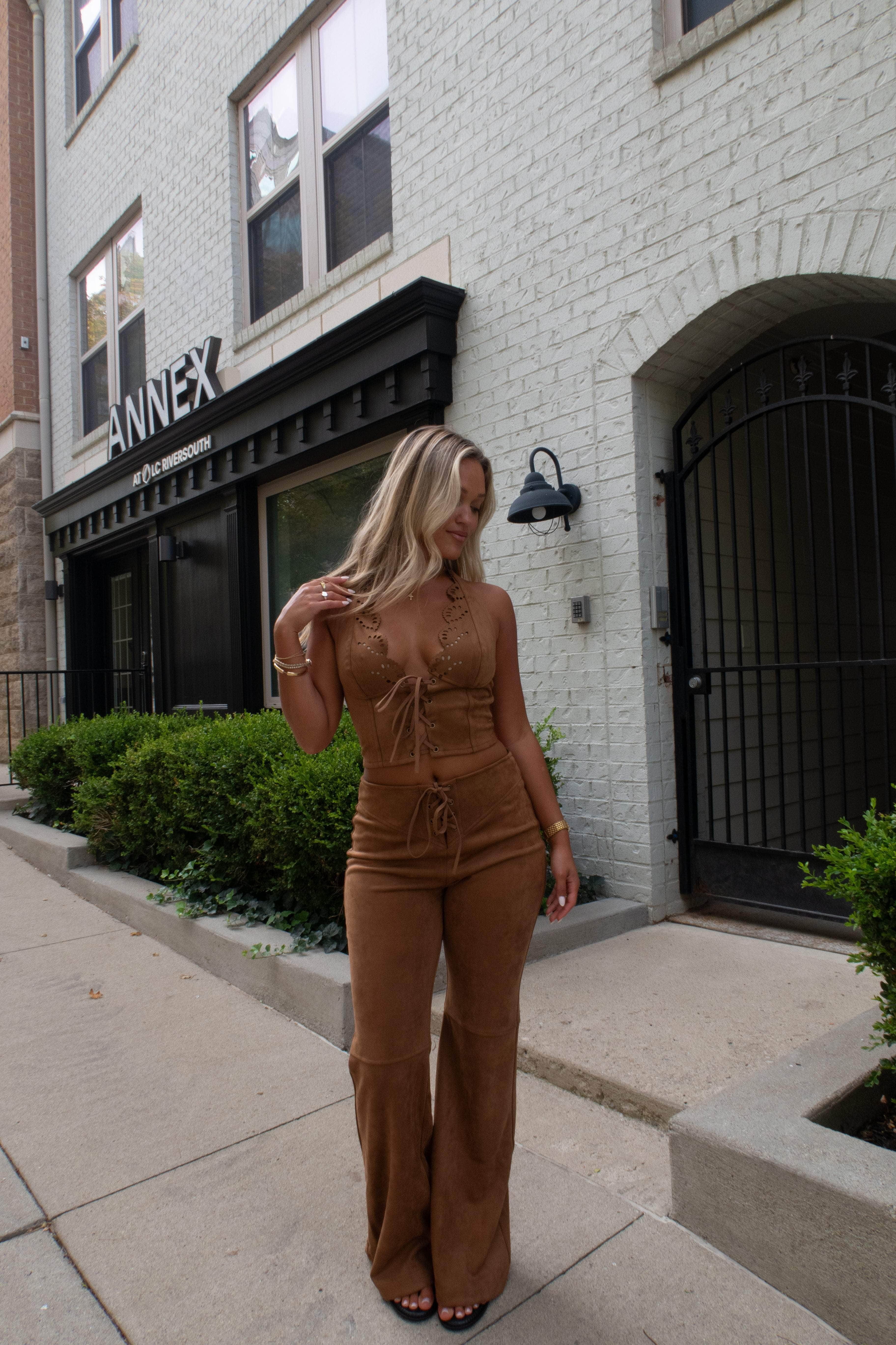 Camel Suede Eyelet Halter Top