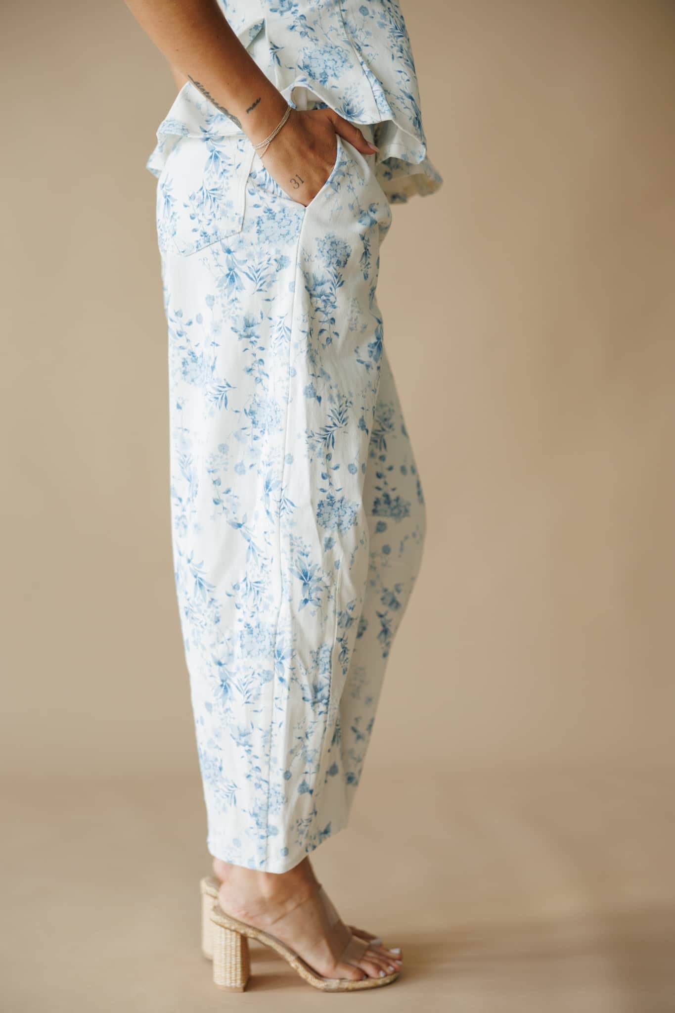 White Floral Barrel Pants