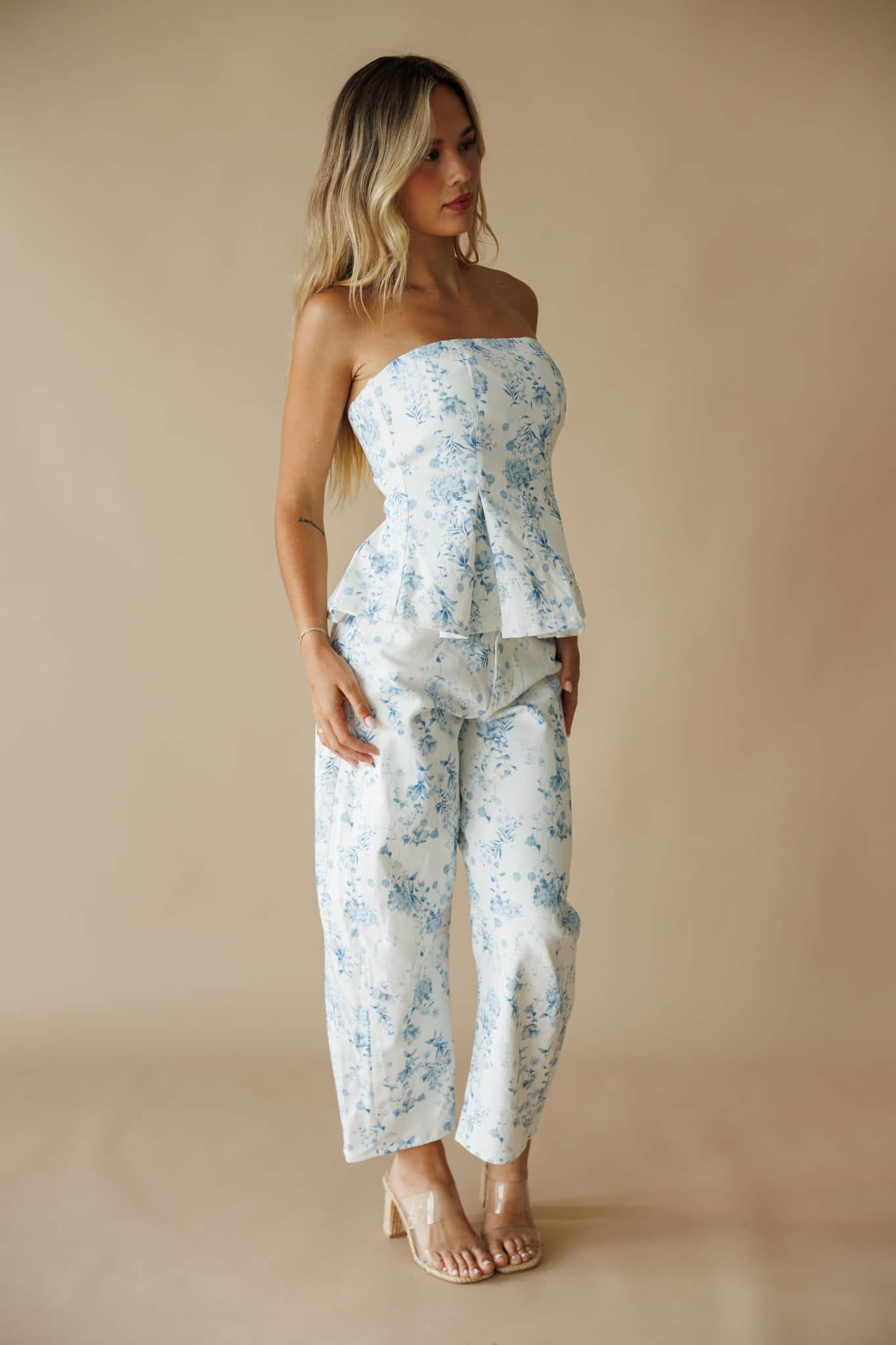 White Floral Strapless Top