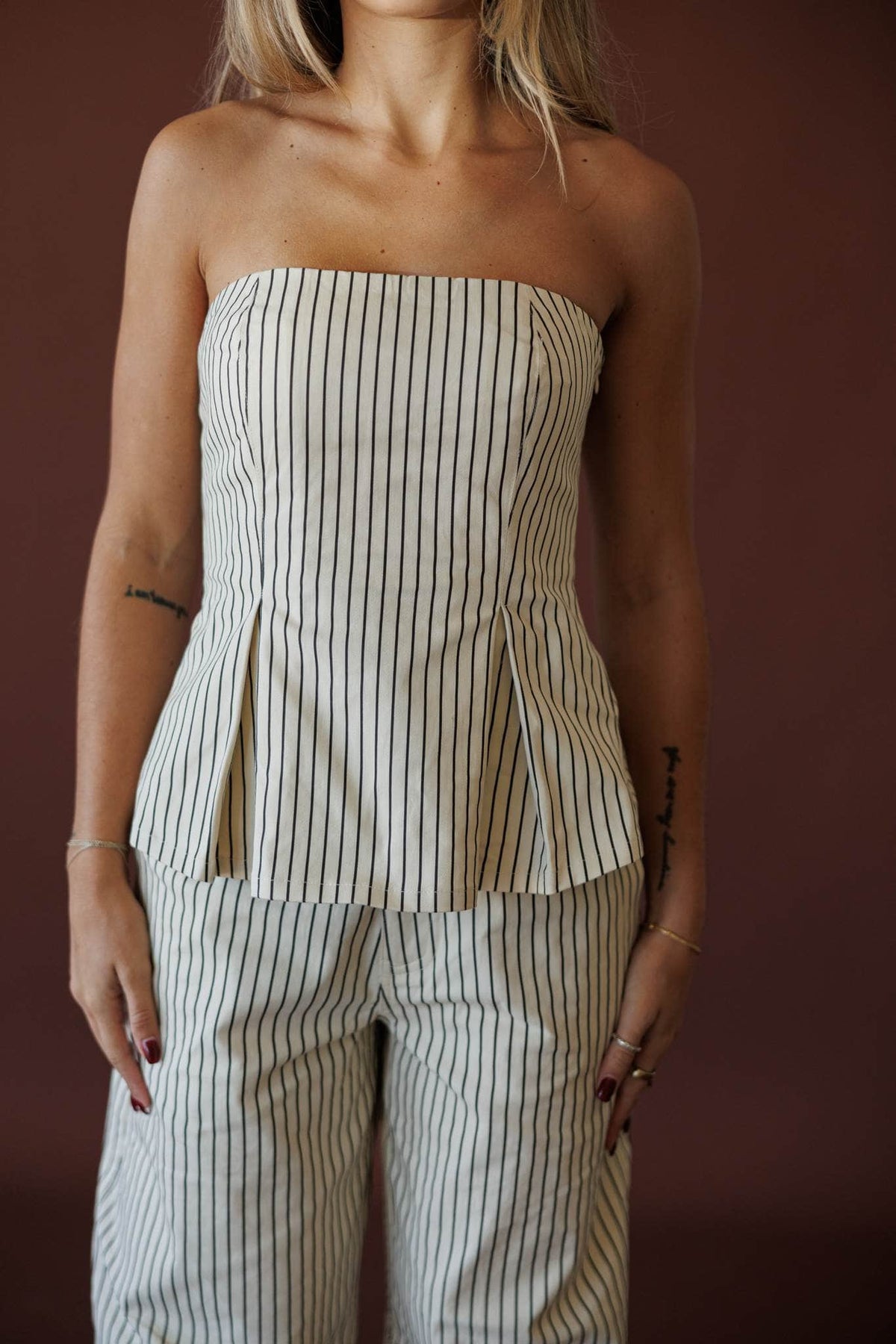 Boardwalk Stripe Tube Top, in cream, close front view of the structured bodice