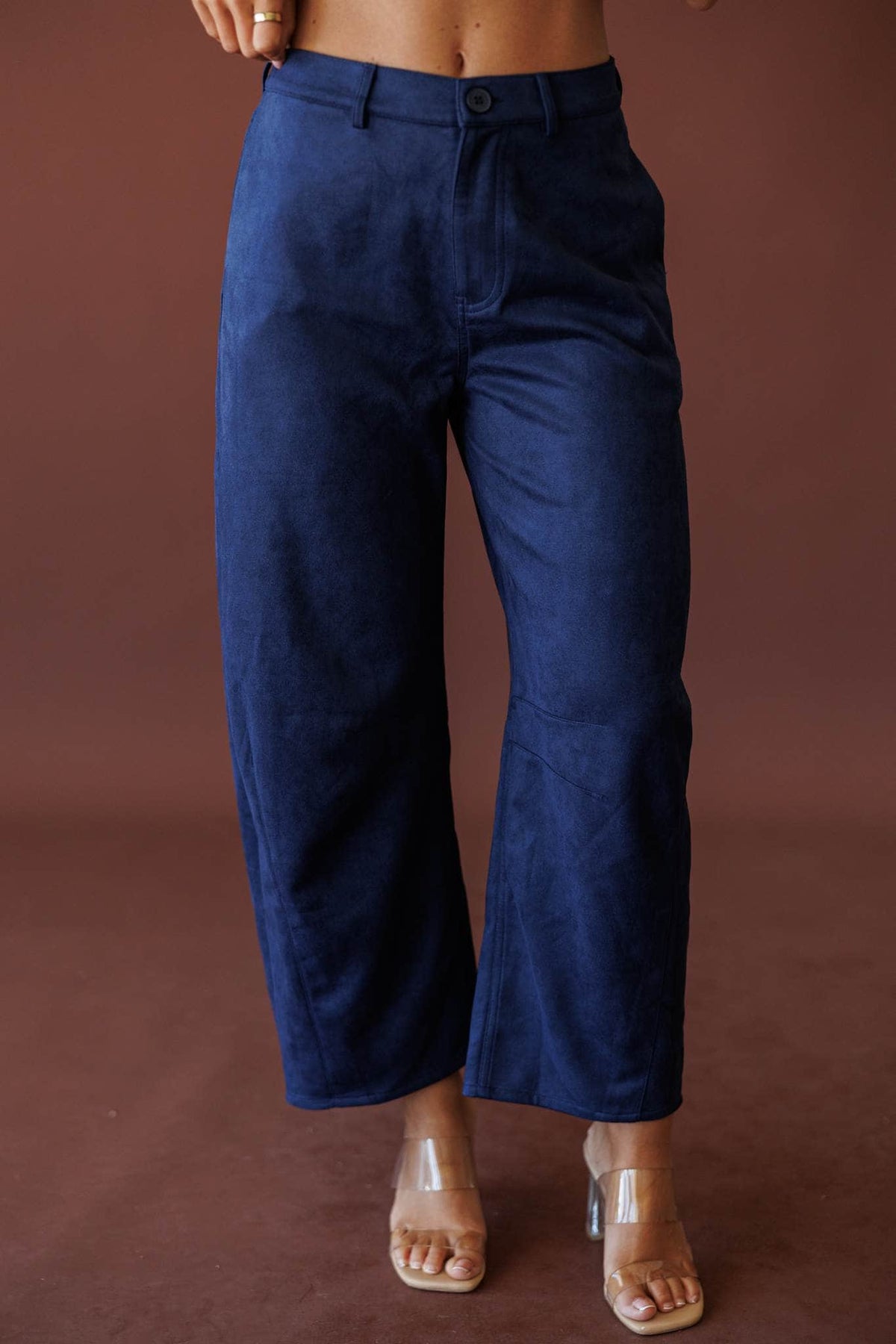 Suede Society Barrel Pants, in navy, front view of the suede barrel pants