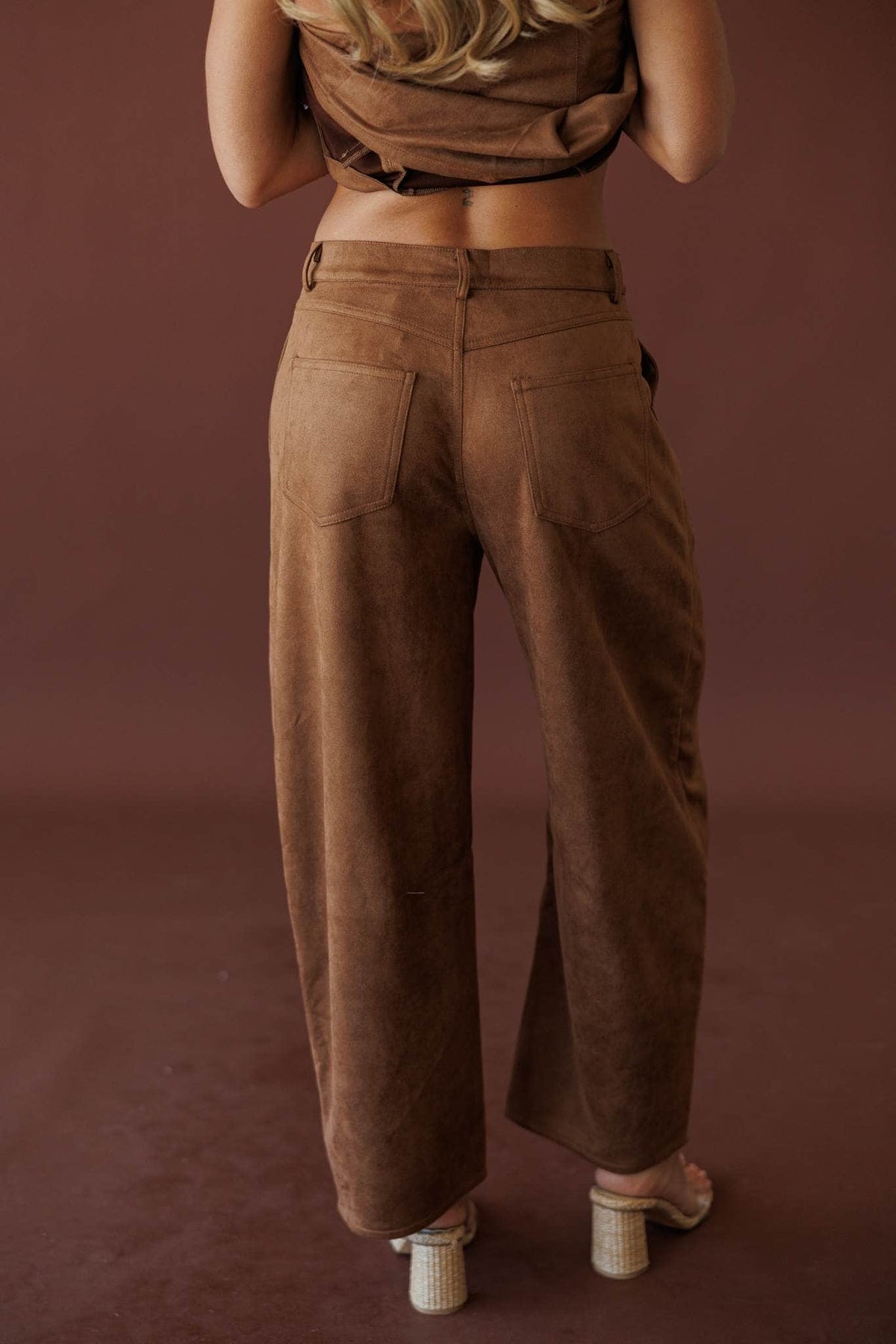 Suede Society Barrel Pants, in camel, back view of the suede pants