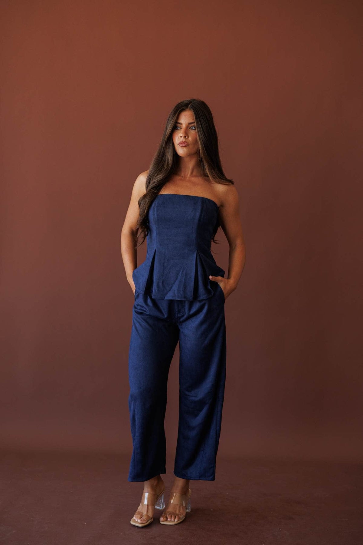 Suede Society Strapless Top, in navy, full-length front view with the matching barrel pants