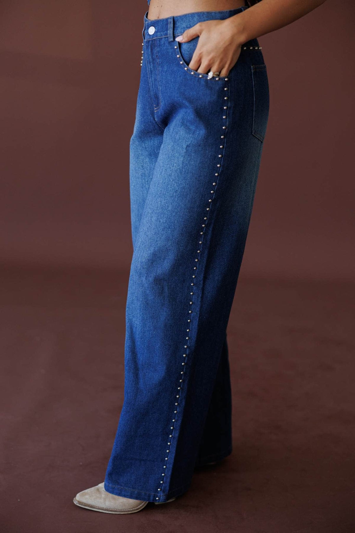 Studded Line Wide Leg Jeans, in denim, close side view of the pearl studs down the outseam