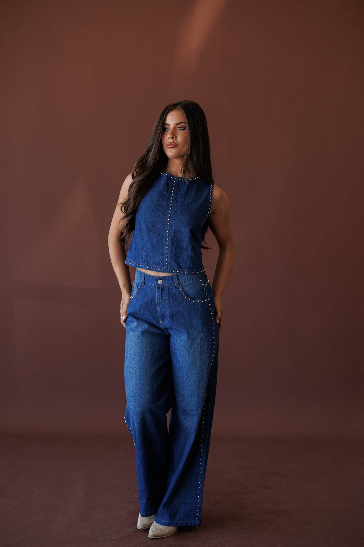 Studded Line Wide Leg Jeans, in denim, front view with the matching denim vest