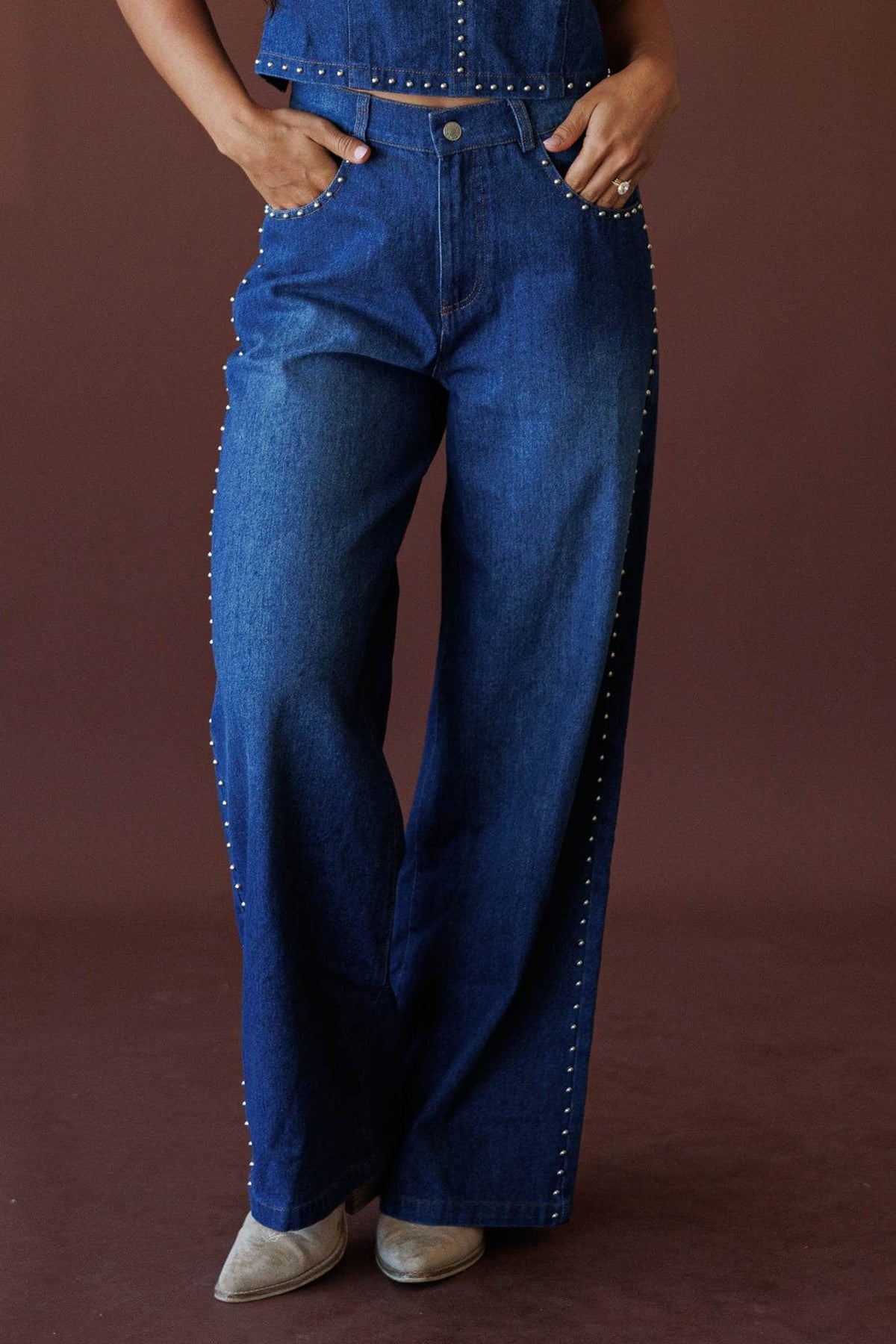Studded Line Wide Leg Jeans, in denim, full-length front view of the studded wide leg jeans