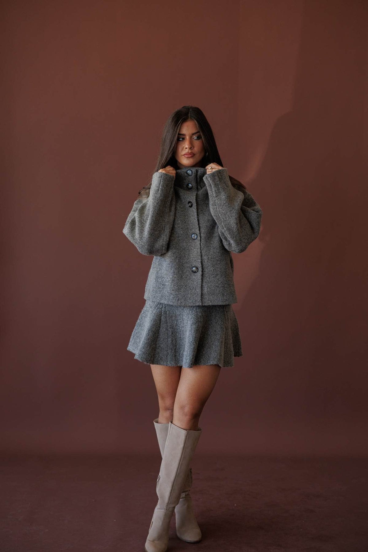 Cozied Up Flare Knit Skirt, in grey, full-length front view with the matching knit jacket