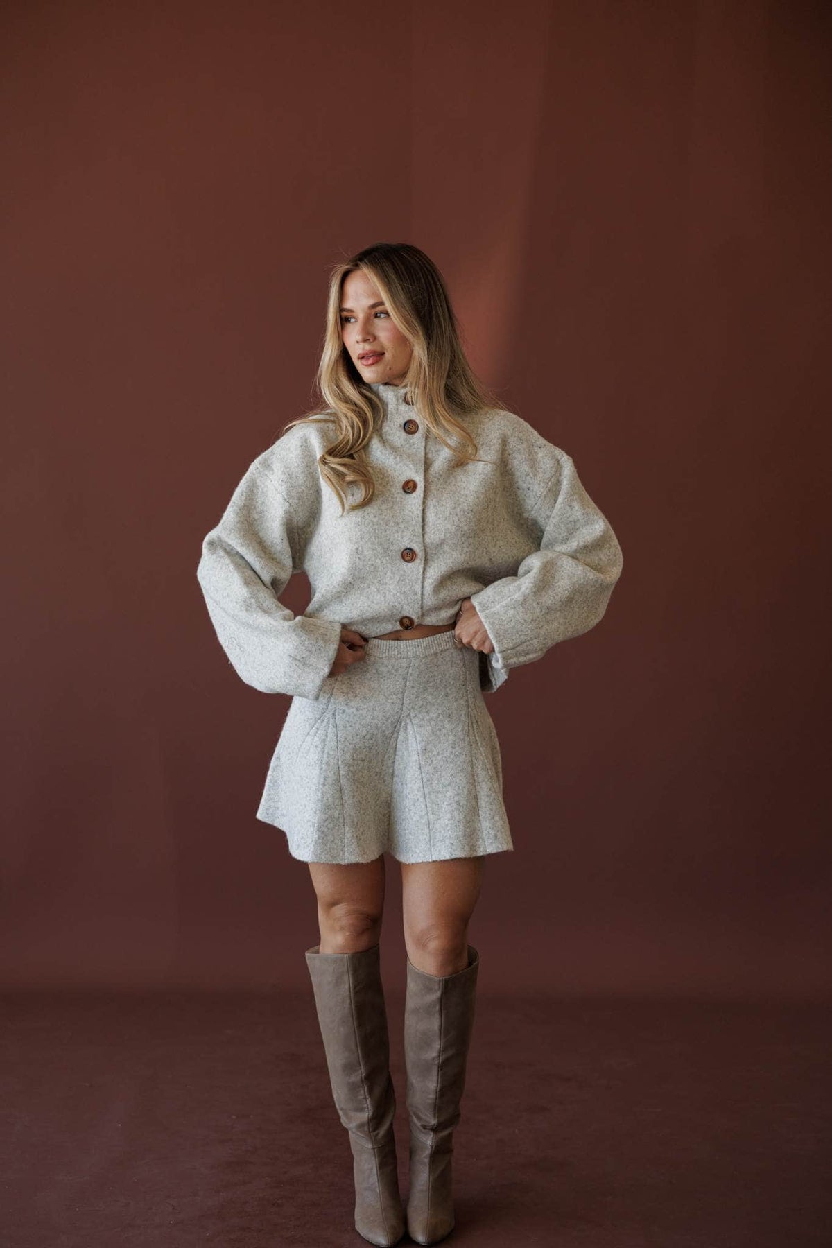 Cozied Up Knit Jacket, in oatmeal, full-length view of the matching set