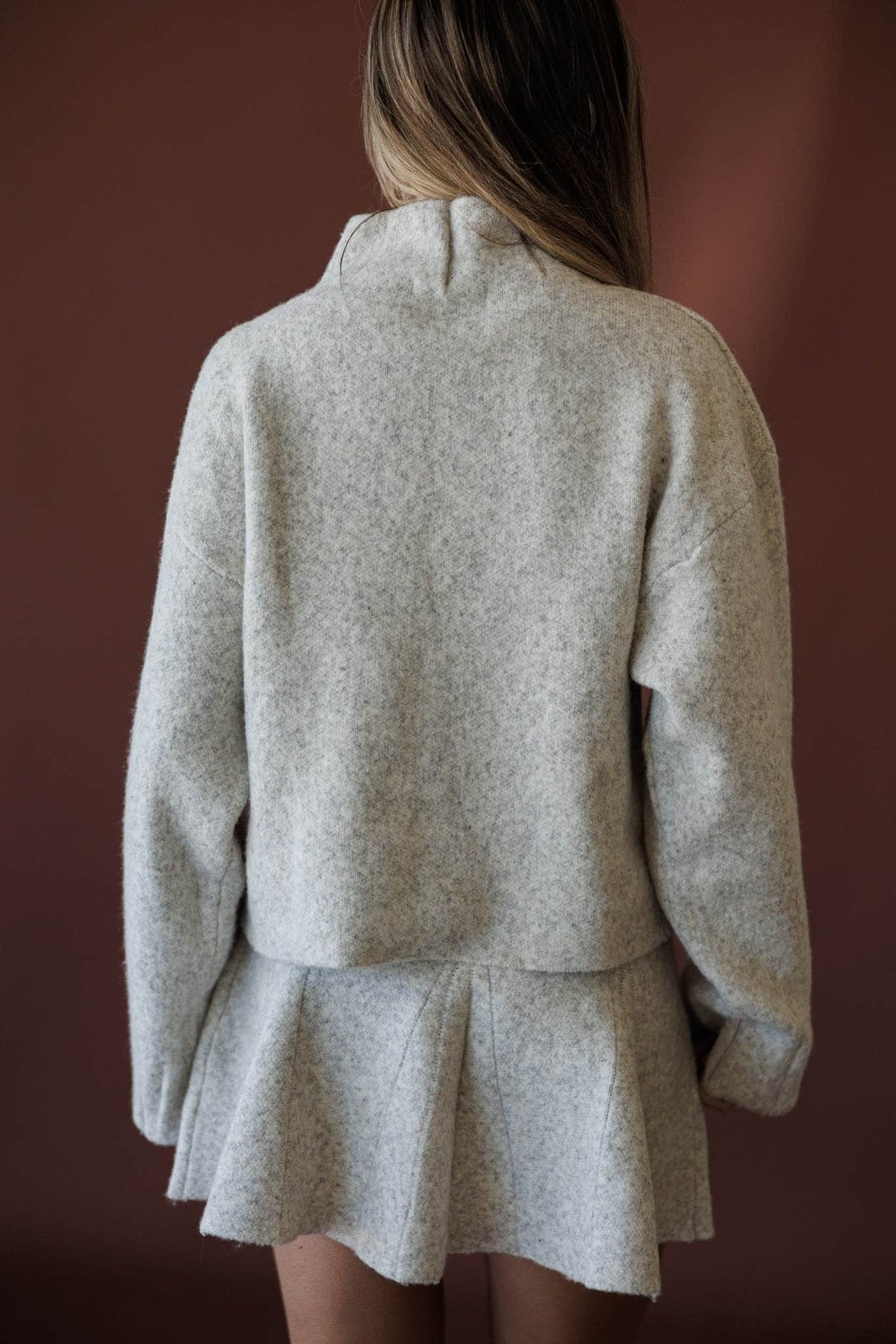 Cozied Up Knit Jacket, in oatmeal, back view of the cropped jacket
