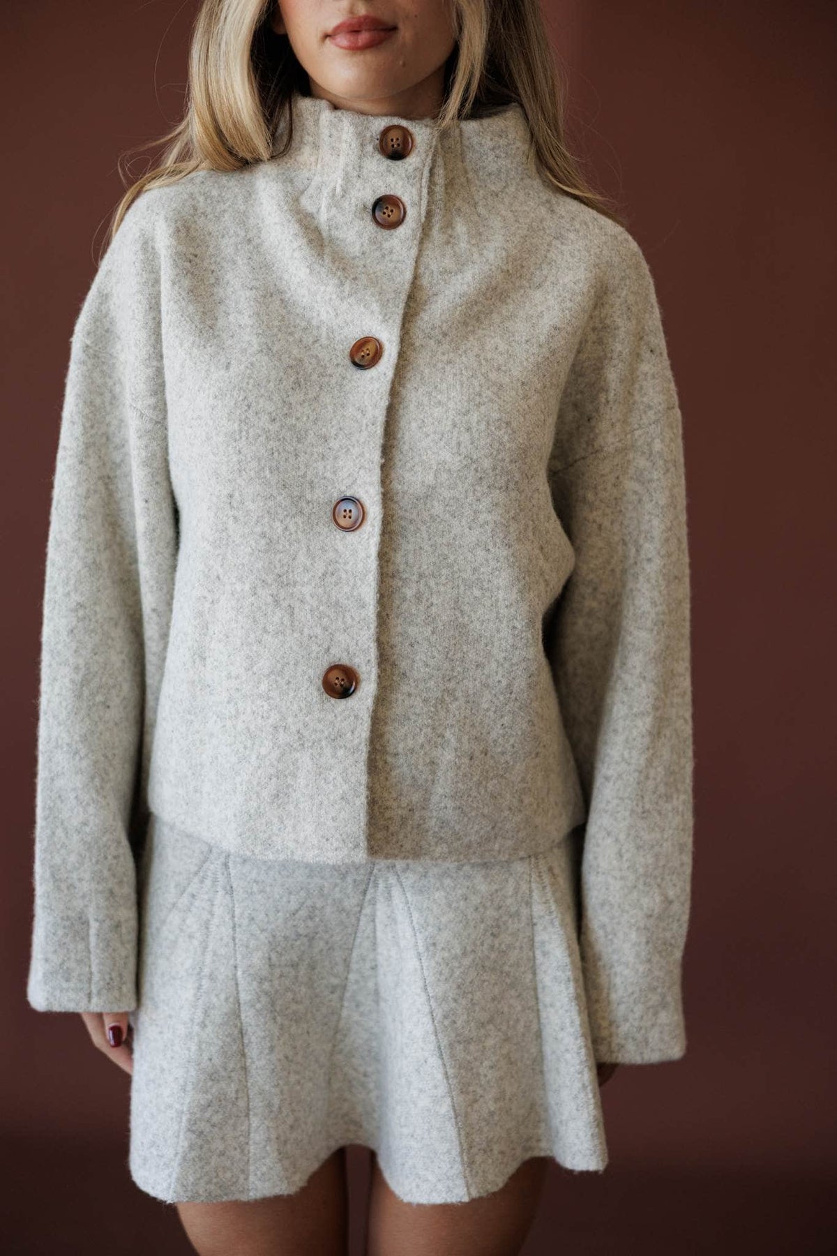Cozied Up Knit Jacket, in oatmeal, close front view of the button placket