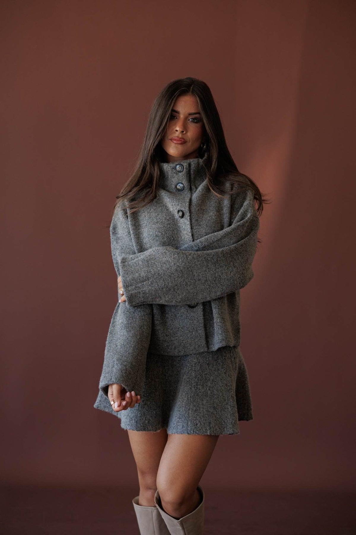 Cozied Up Knit Jacket, in grey, close view of the funnel neck