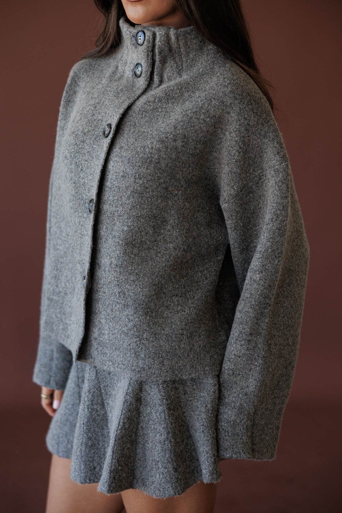 Cozied Up Knit Jacket, in grey, side view of the cropped boxy body