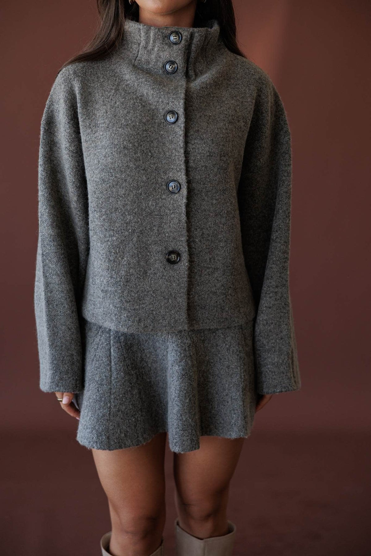 Cozied Up Knit Jacket, in grey, close front view of the button placket