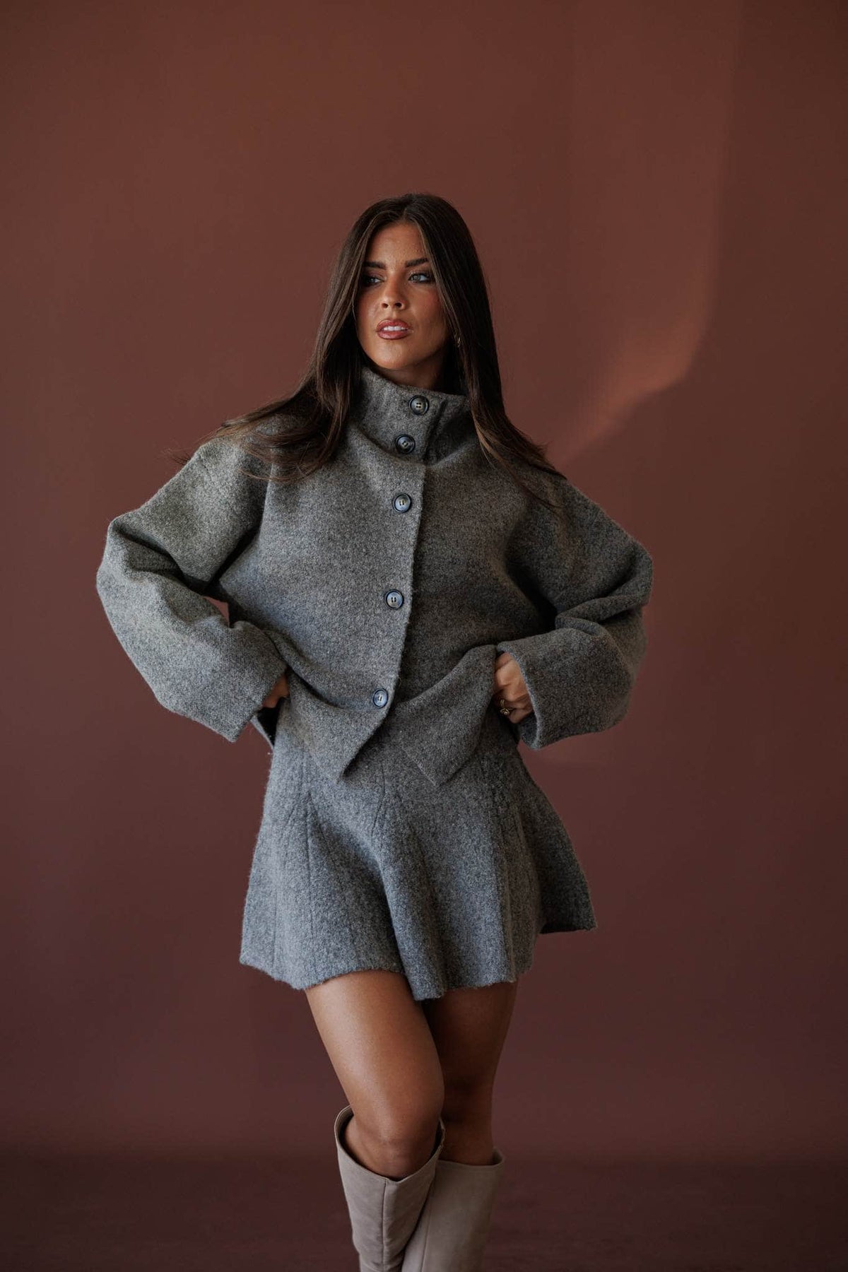 Cozied Up Knit Jacket, in grey, front view of the knit funnel neck jacket