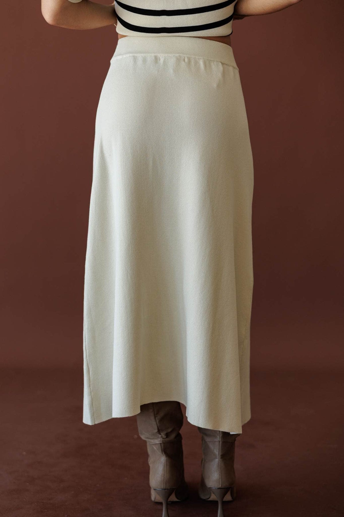 Collins Knit Maxi Skirt, in cream, front view of the ribbed waistband