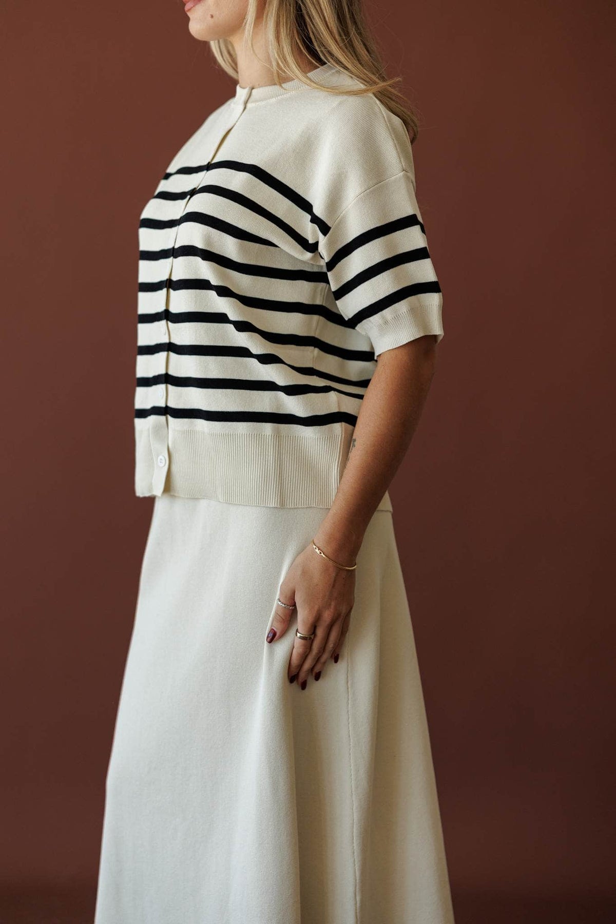 Collins Stripe Cardigan, in cream, close side view of the ribbed trim