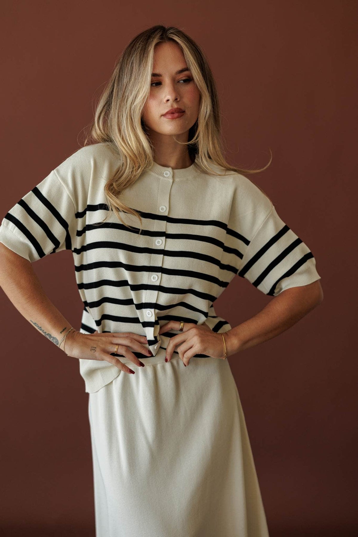 Collins Stripe Cardigan, in cream, front view of the short sleeves