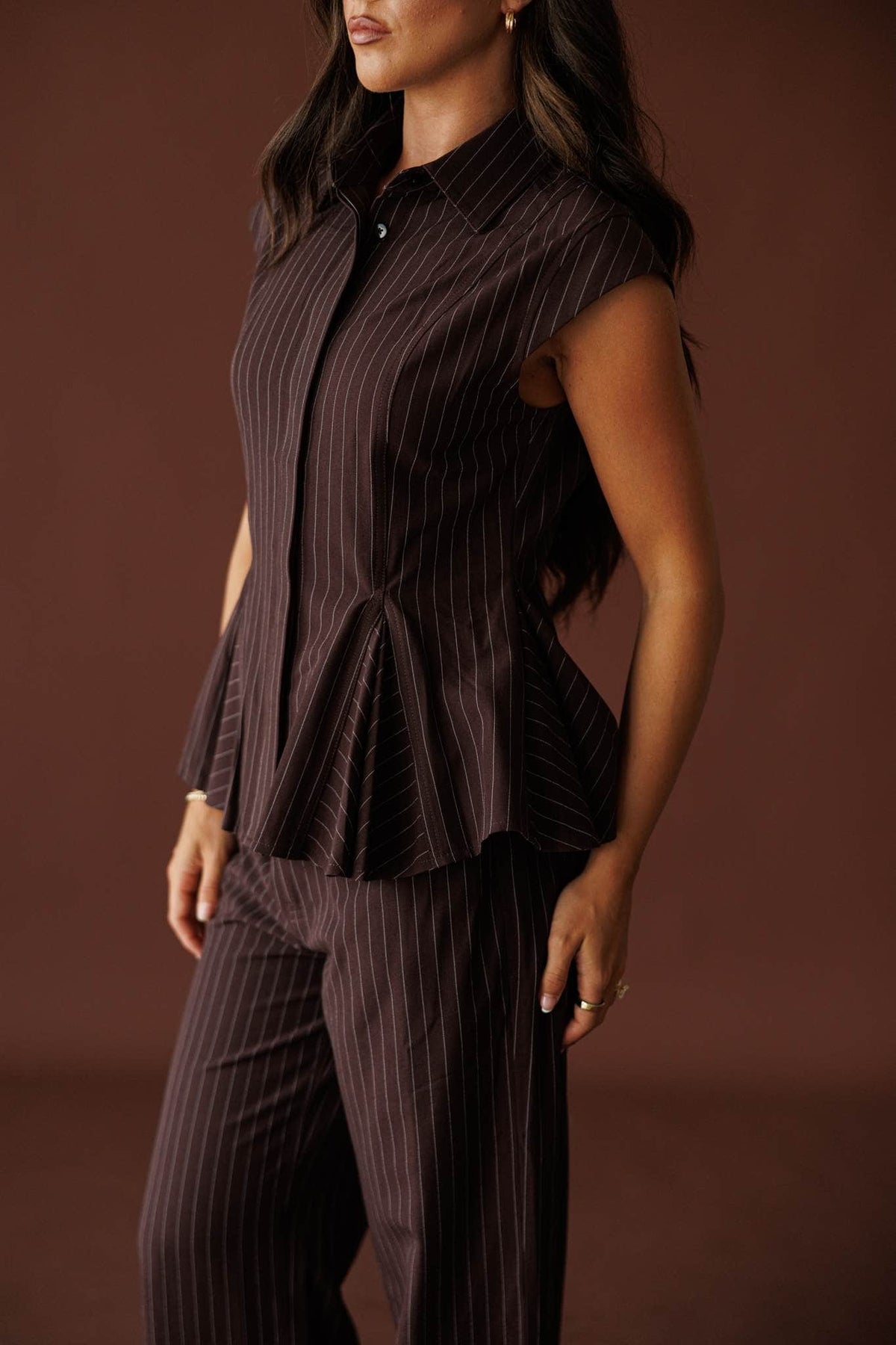 Members Only Top in brown pinstripe, three-quarter view with the matching pants