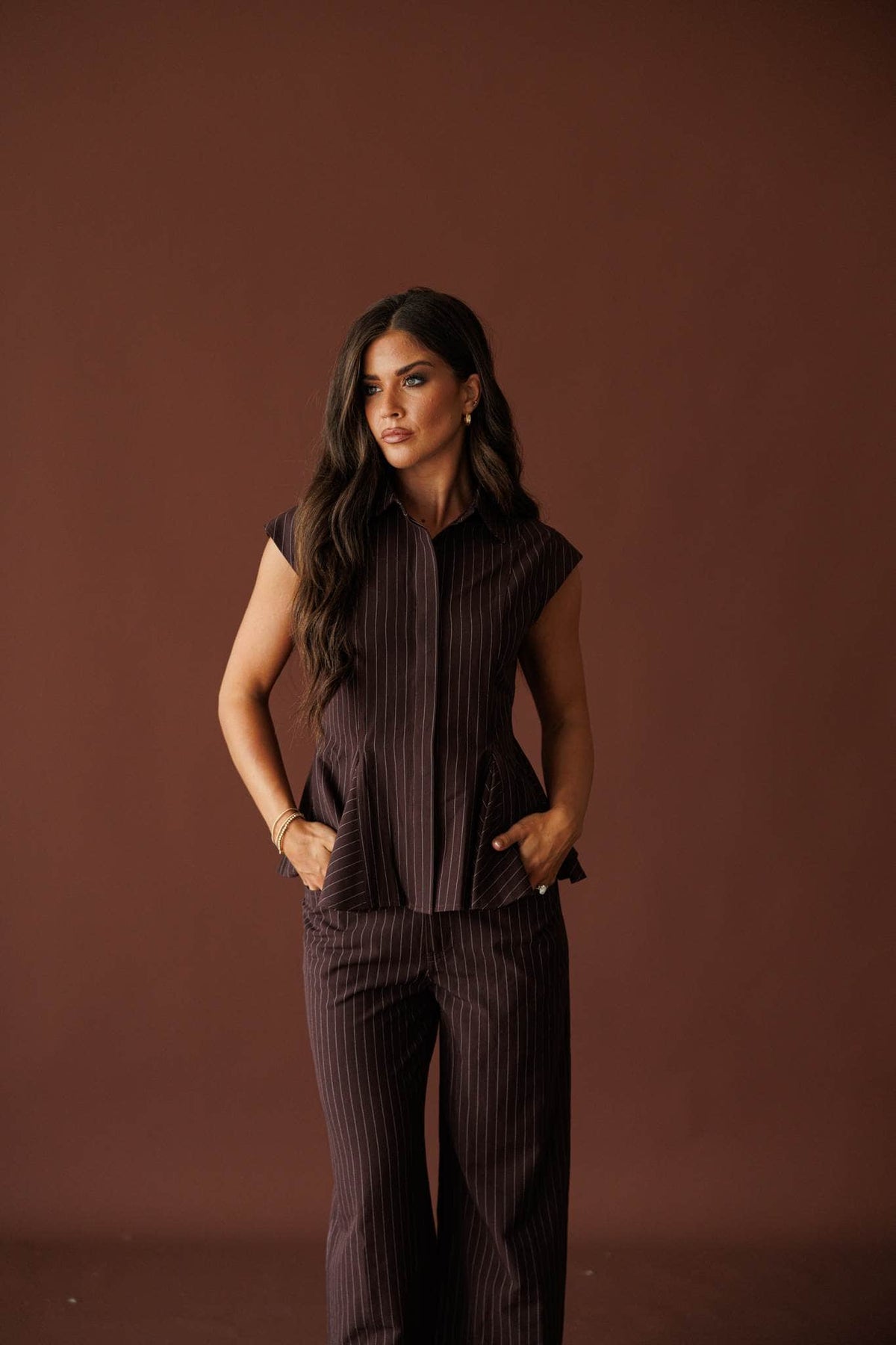 Members Only Top in brown pinstripe, full-length view with the matching wide-leg pants