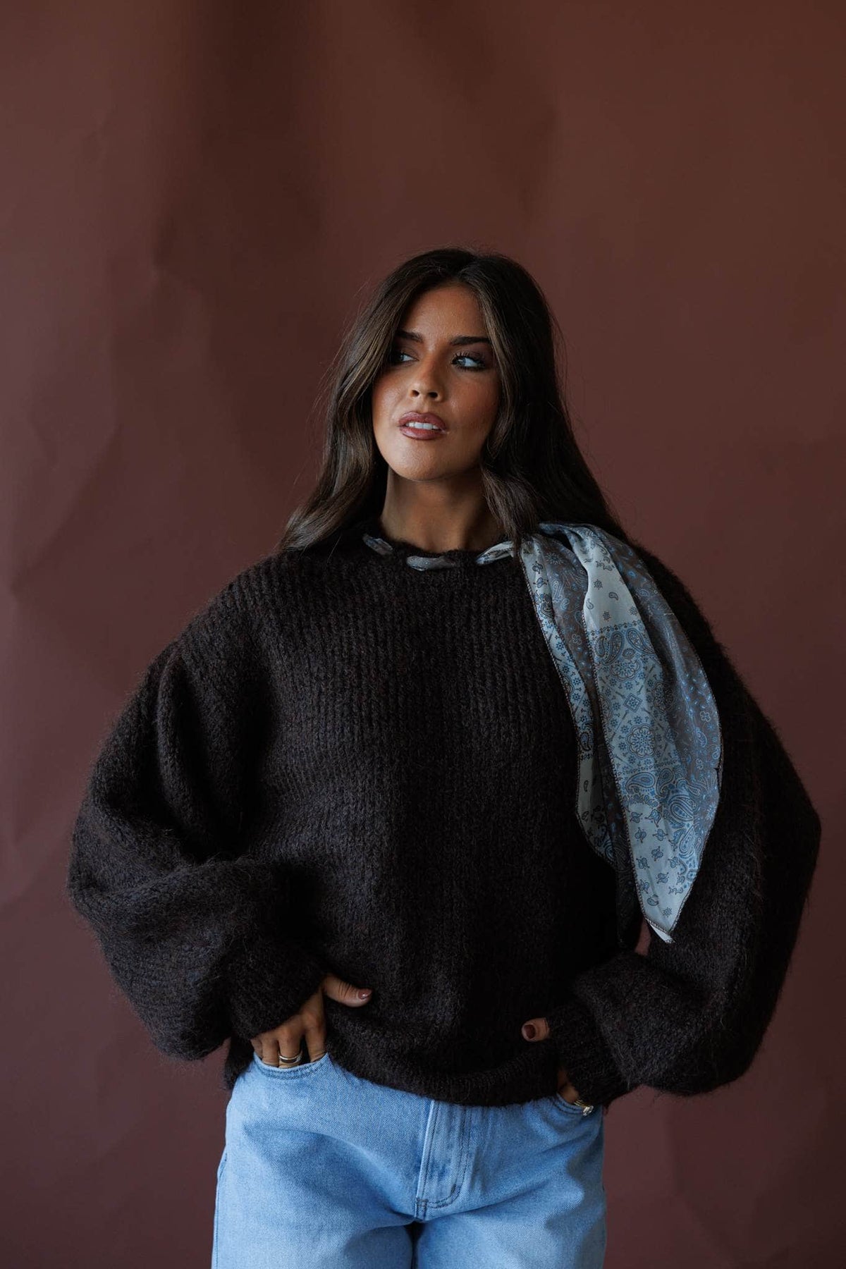 Brown sweater with satin scarf neck tie
