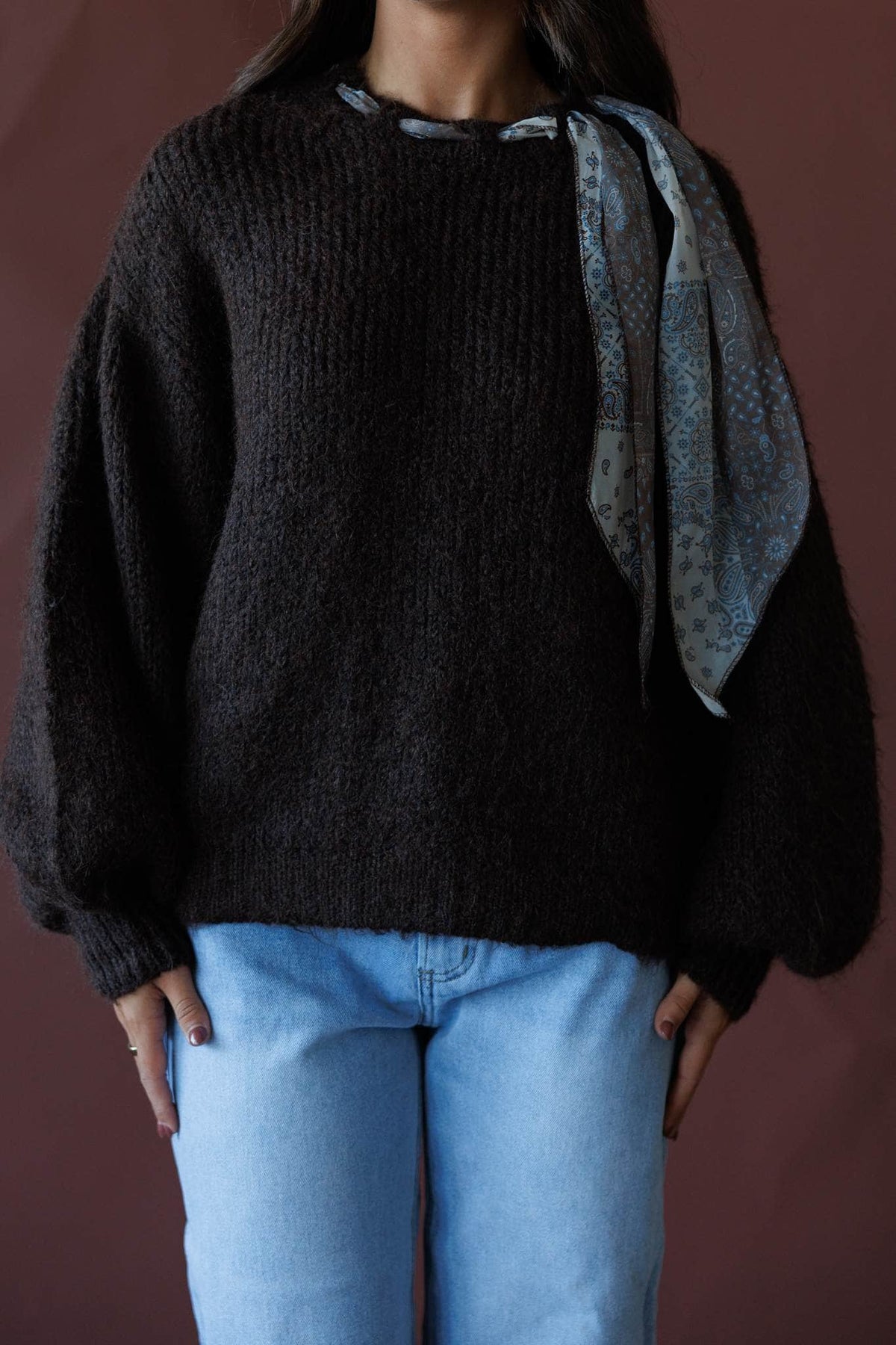Brown sweater with satin scarf neck tie