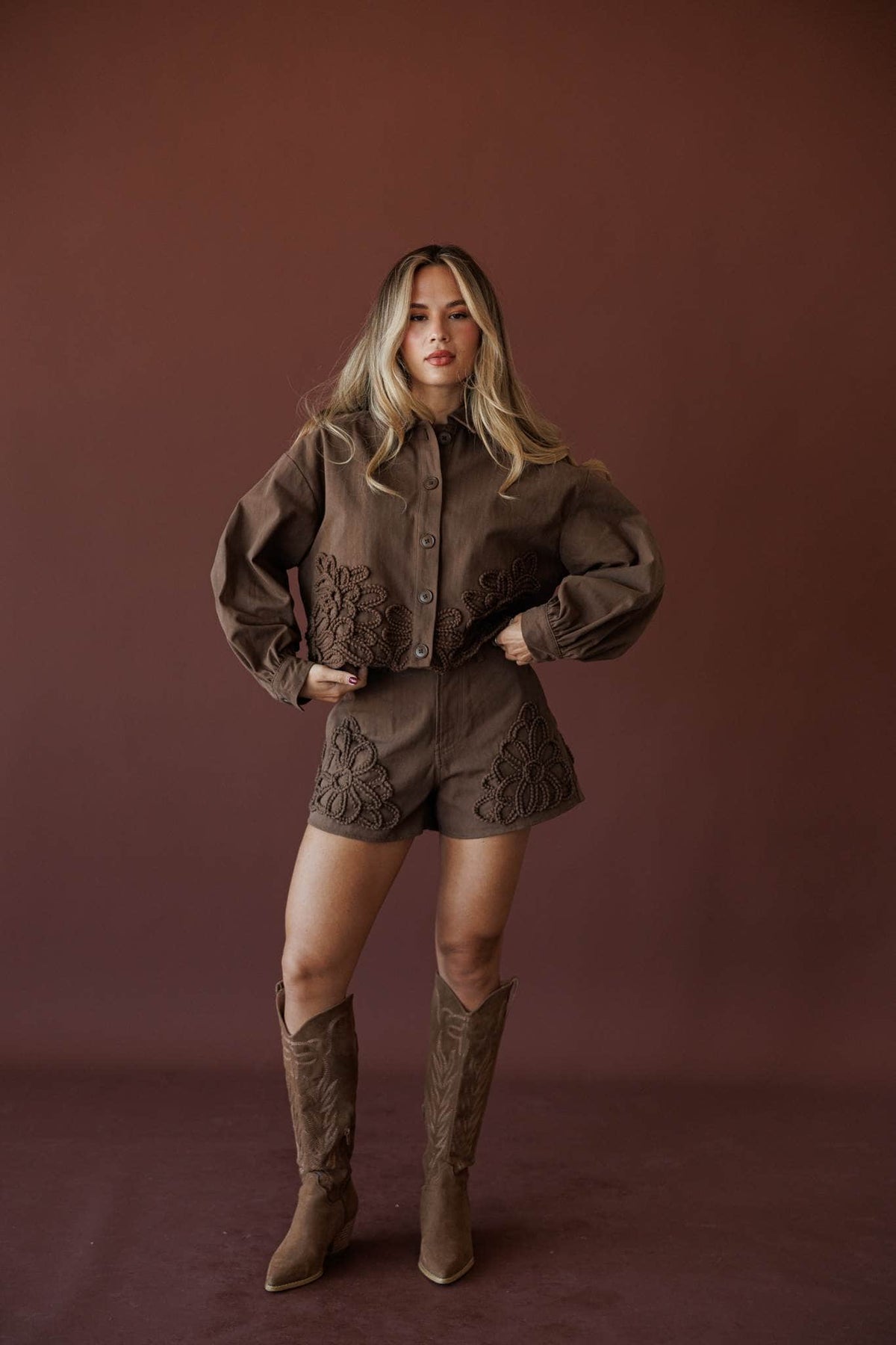 Wildflower Utility Jacket, in brown, three-quarter front view with the matching shorts