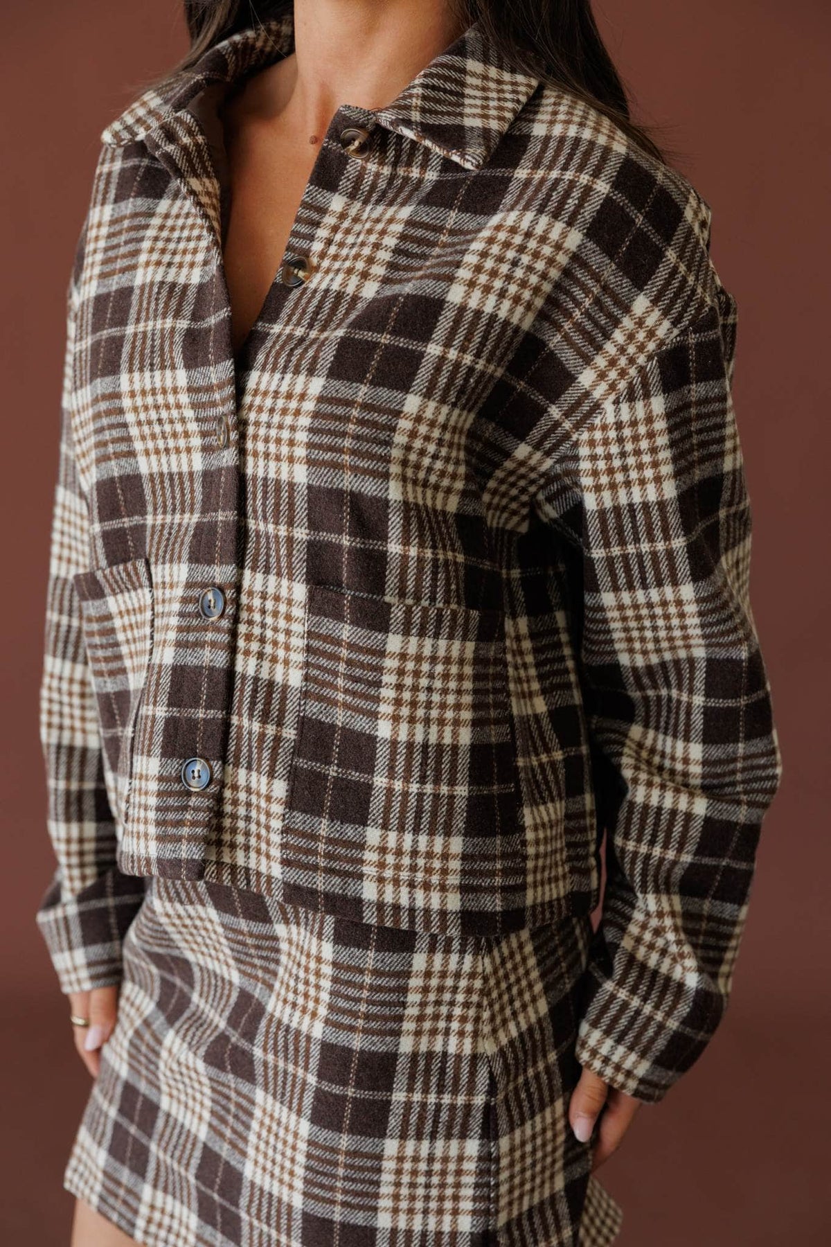 Black and cream plaid shirt jacket