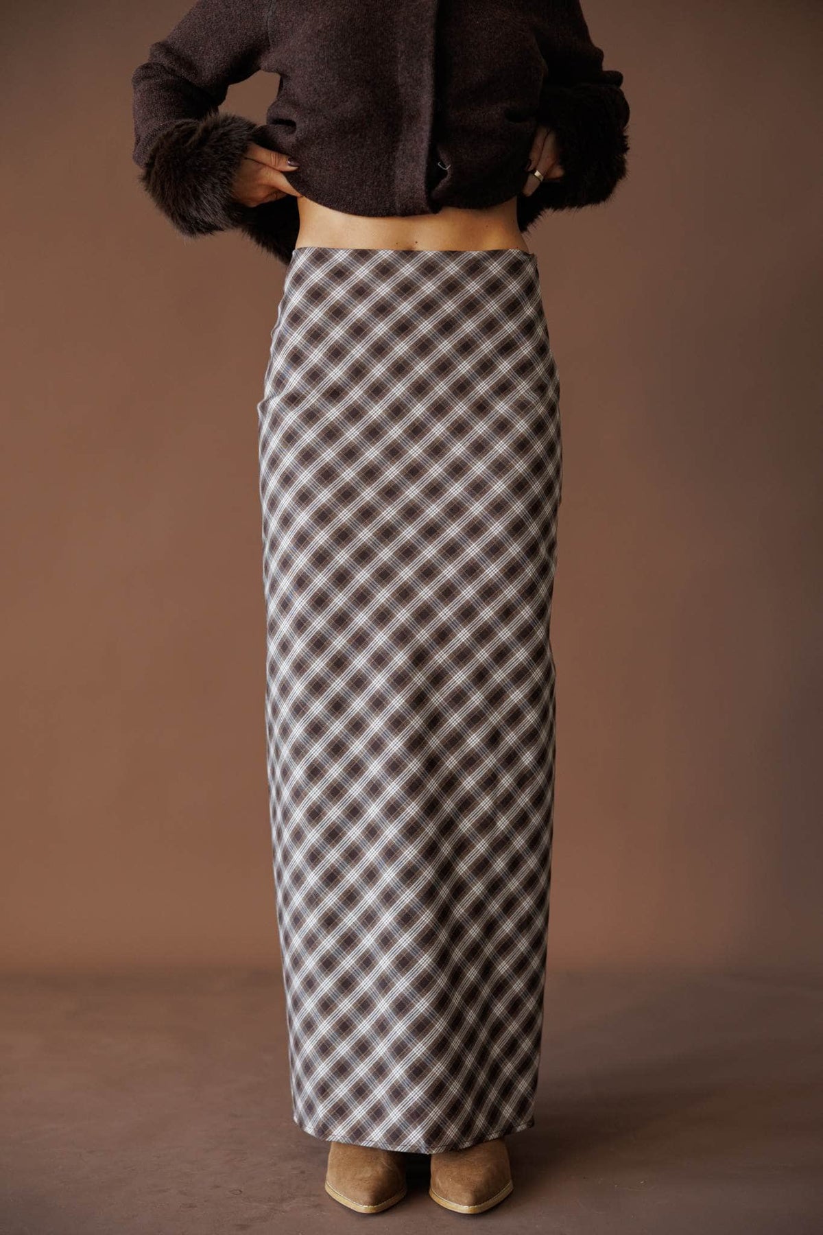 Plaid maxi skirt, front view