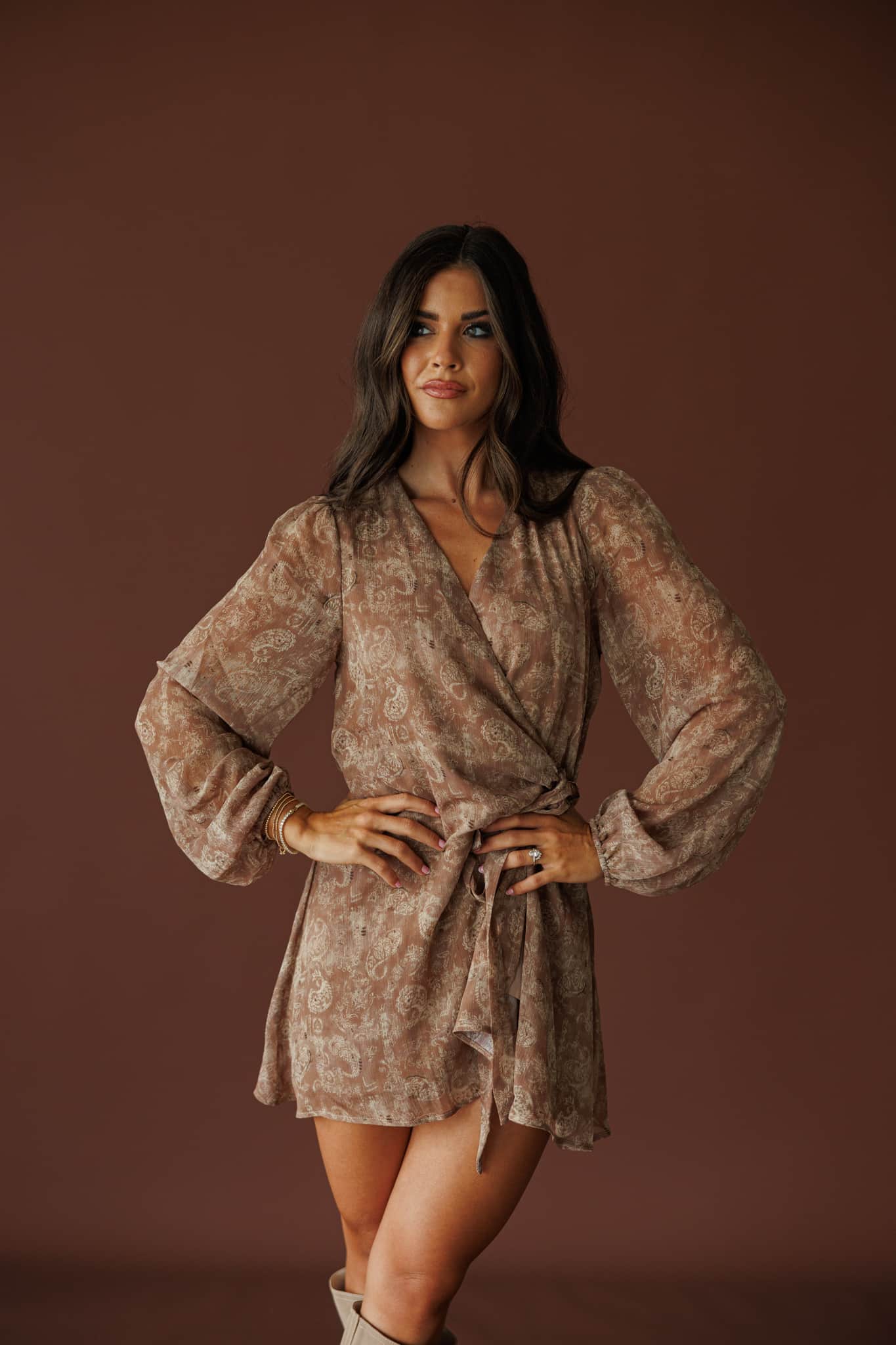 Taupe Paisley Wrap Dress