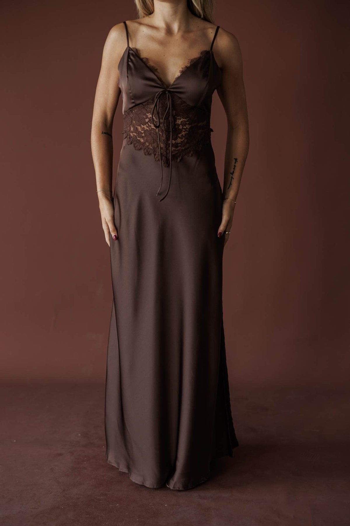 Lace Alter Maxi Dress, in espresso, front view of the lace trim and fine straps