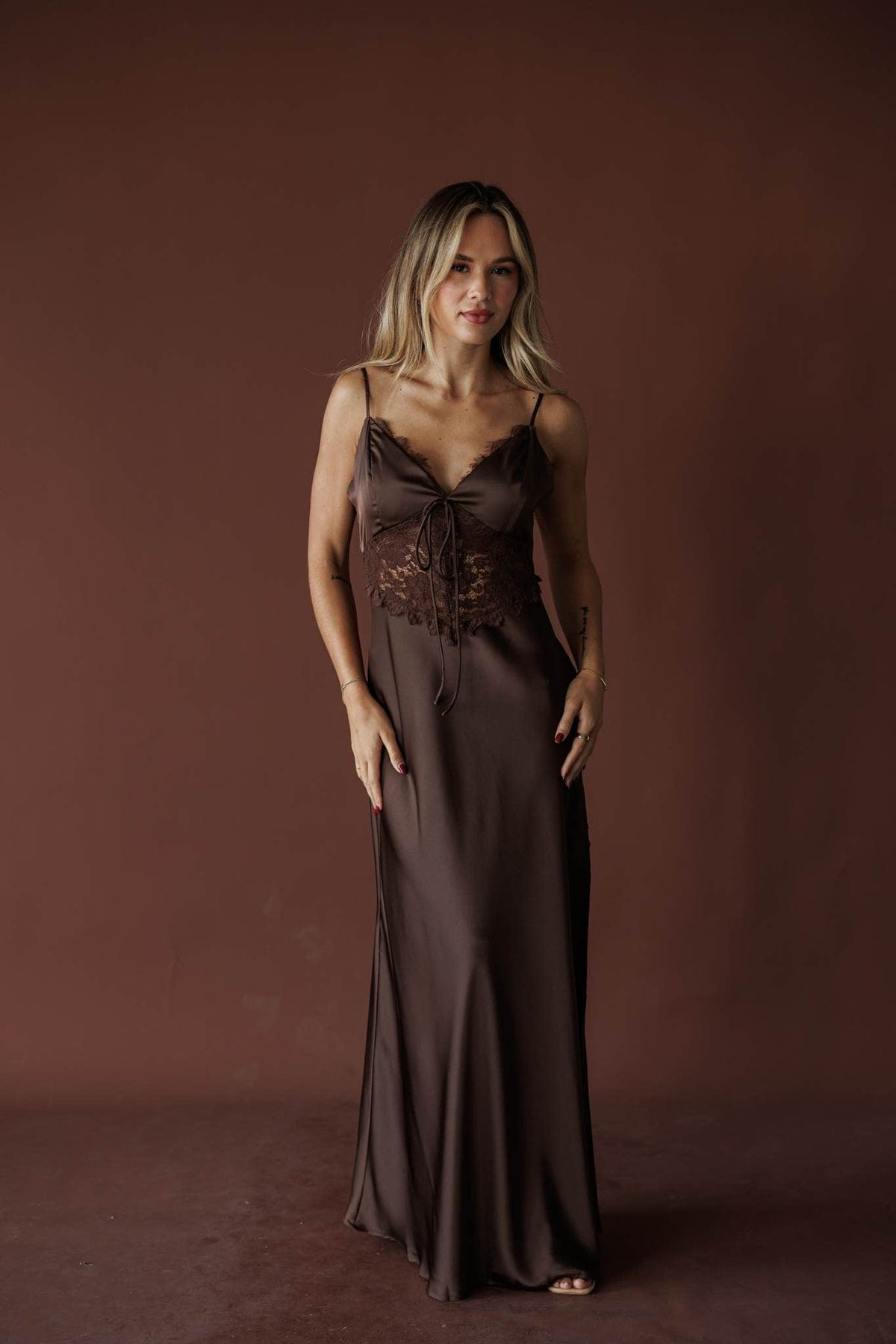 Lace Alter Maxi Dress, in espresso, full-length front view of the lace bodice maxi