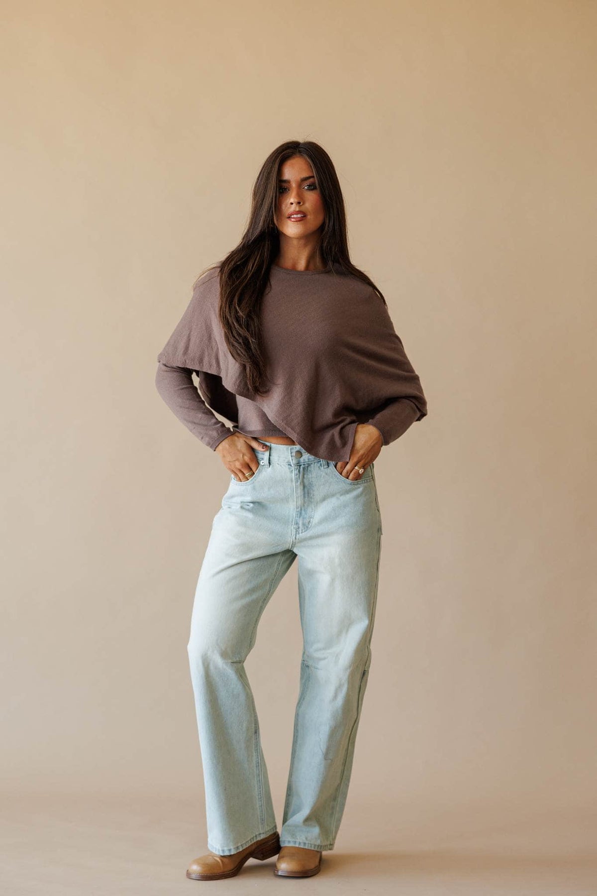 Mocha layered knit sweater, front view