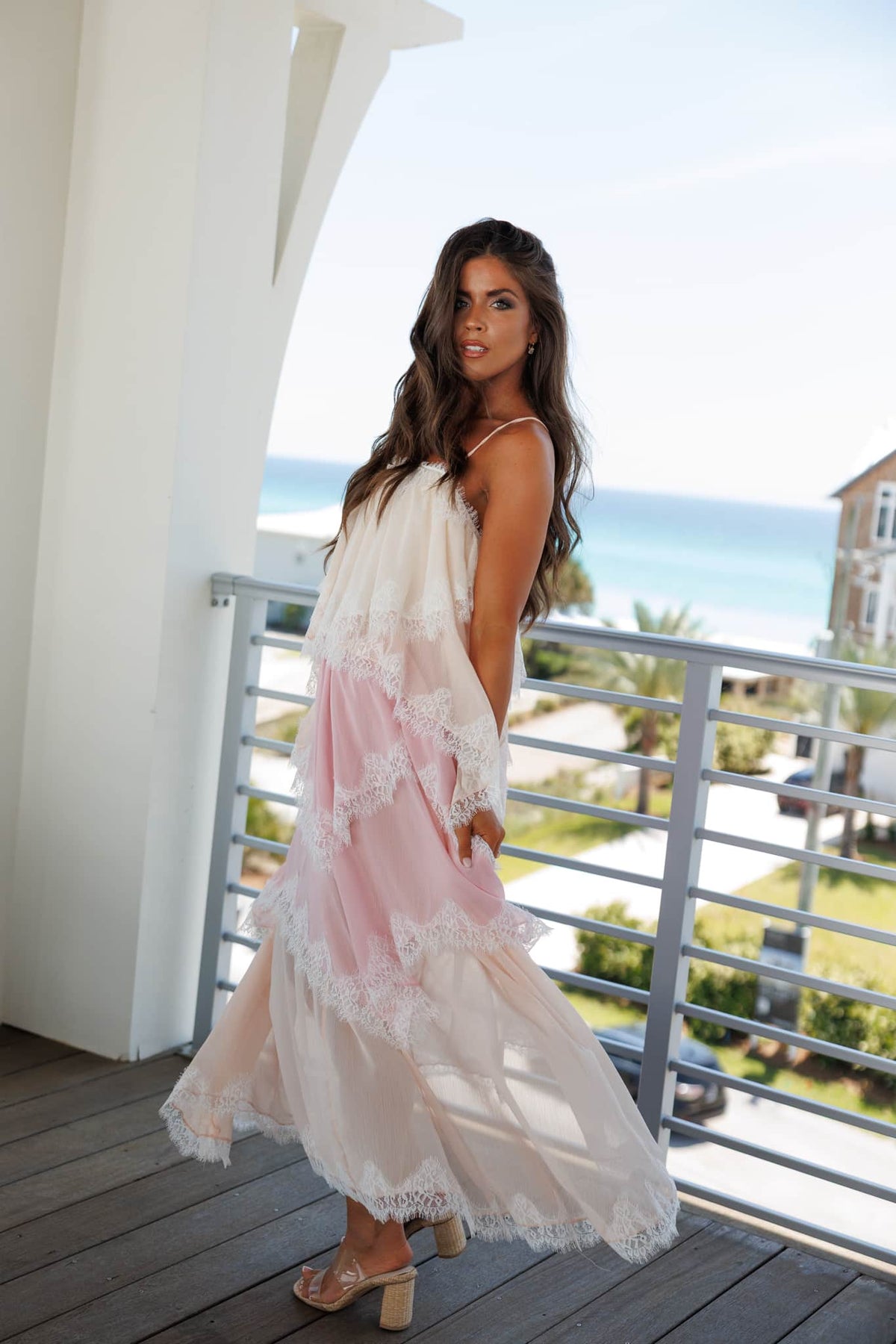 The Summer Diaries Dress in pink multi, side view showing the ombre lace tiers