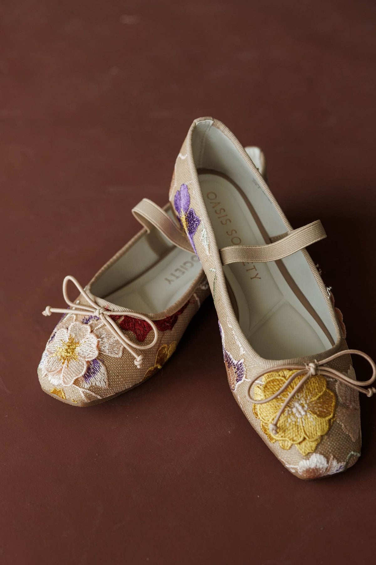 London Floral Ballet Flat, in floral, three-quarter view of the floral embroidery