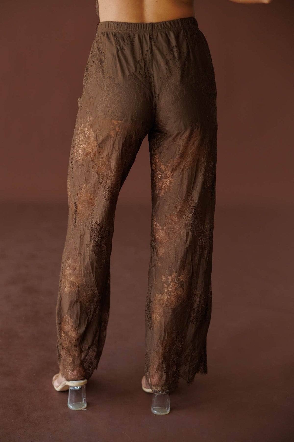 Love Letters Lace Pants in brown, front view showing the wide leg and lace panels