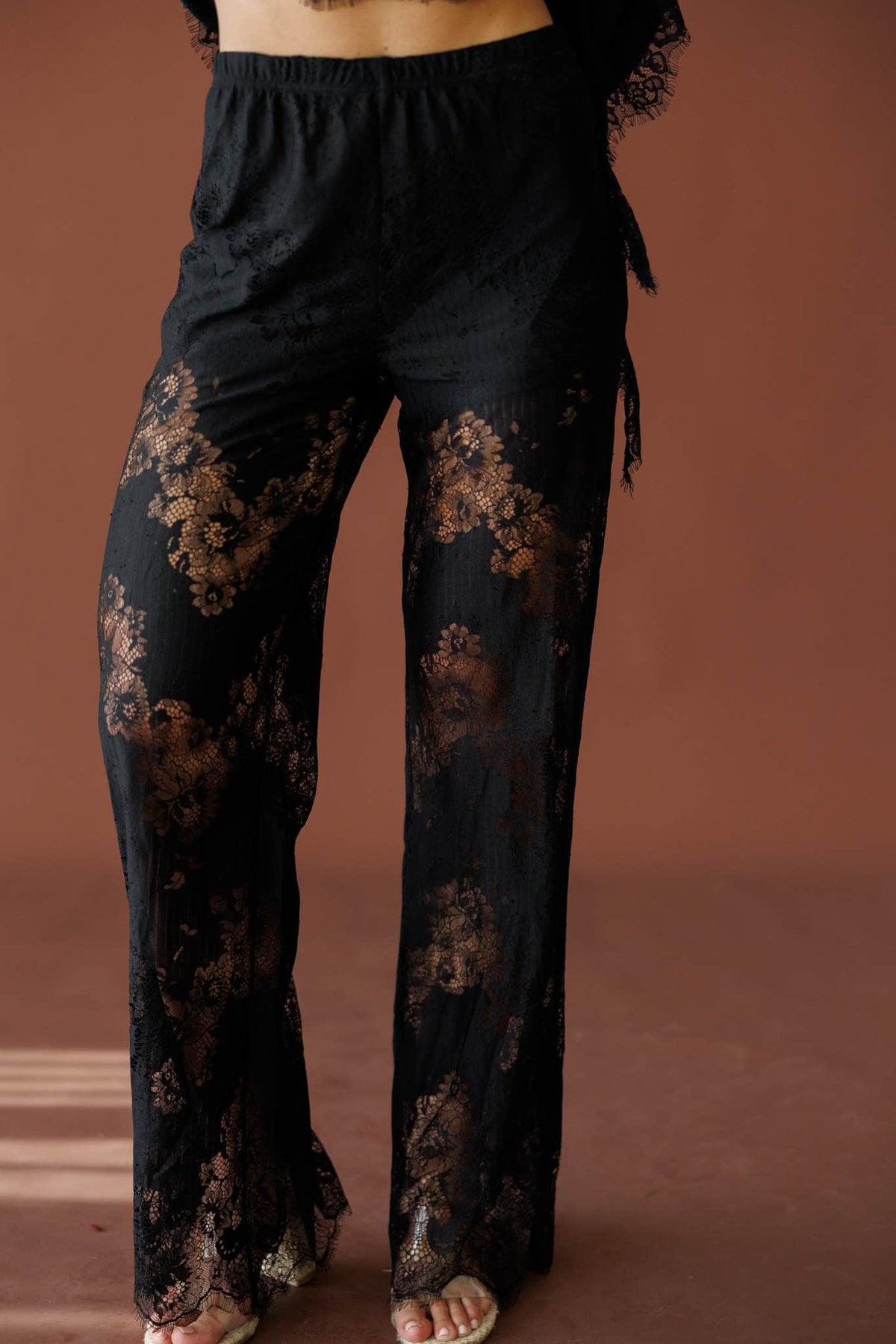 Love Letters Lace Pants in black, front close-up of the sheer floral lace and elastic waist