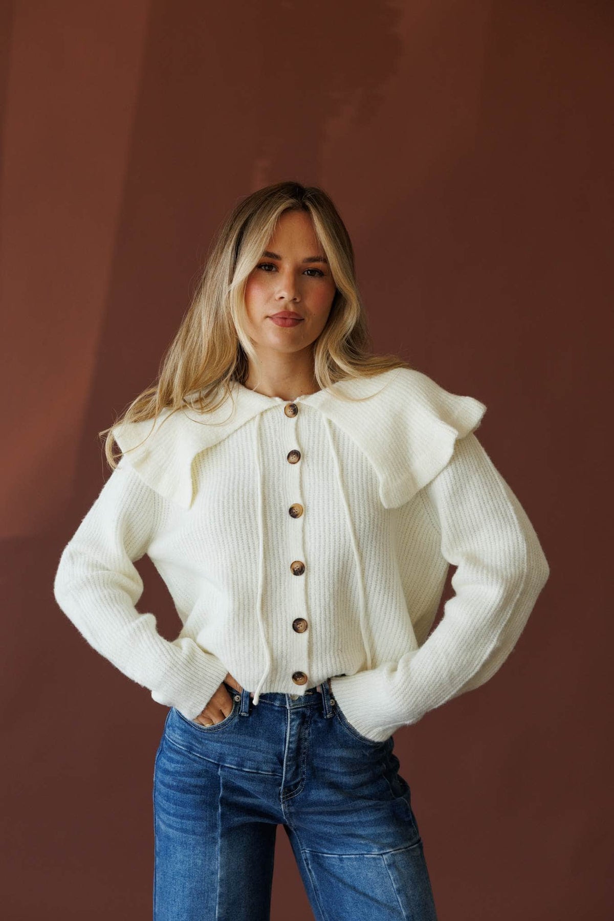 Cream cardigan, front view